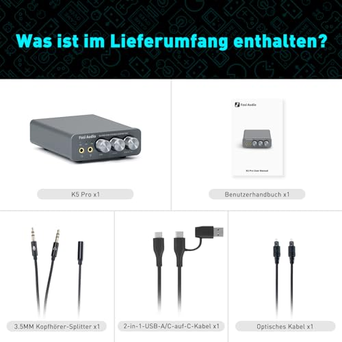 Lieferumfang mit K5 Pro Verstärker, Handbuch, Kabeln und Splitter vor dunklem Hintergrund.