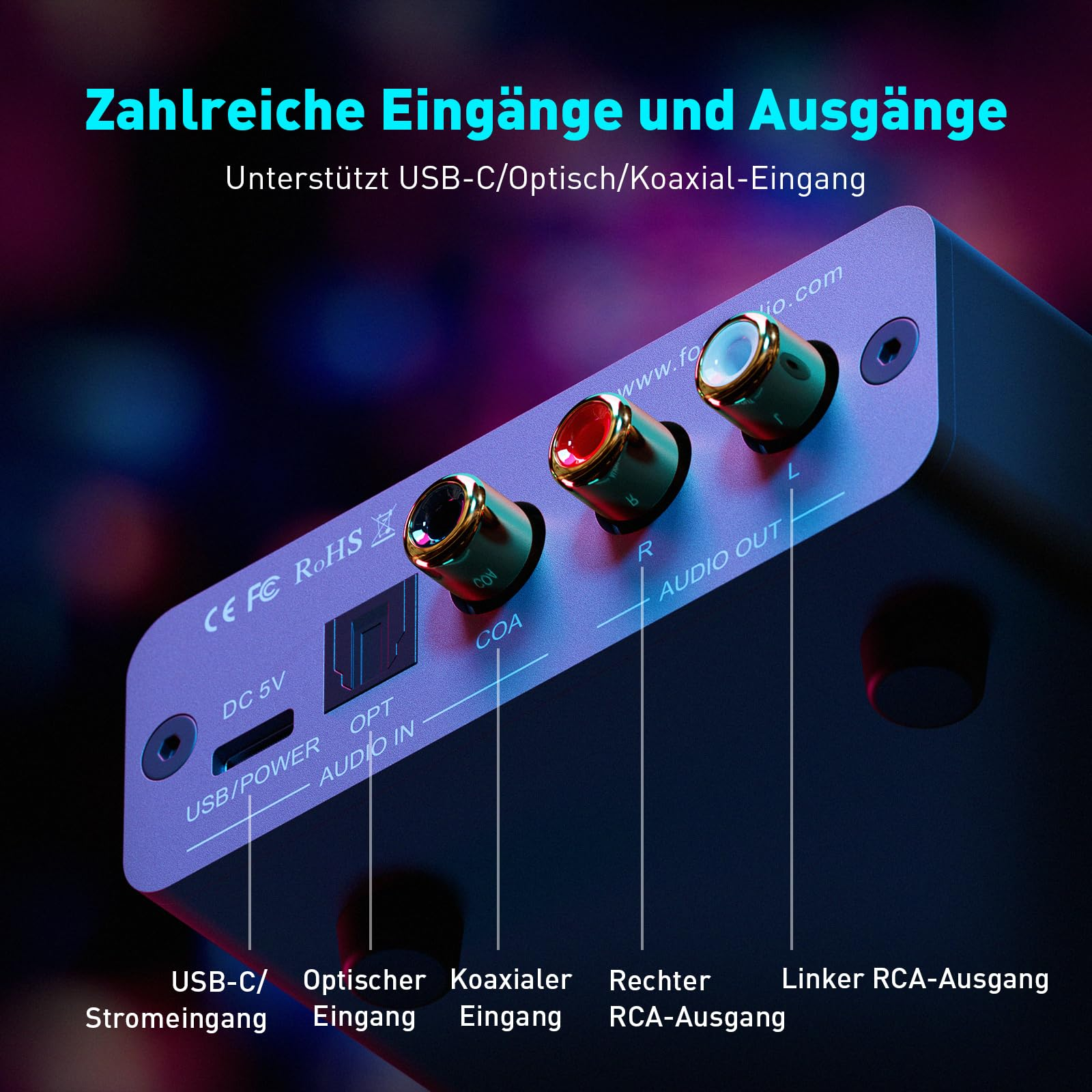 Rückseite eines blauen Audiogeräts mit verschiedenen Eingängen wie USB-C, optisch, koaxial und RCA-Ausgängen.