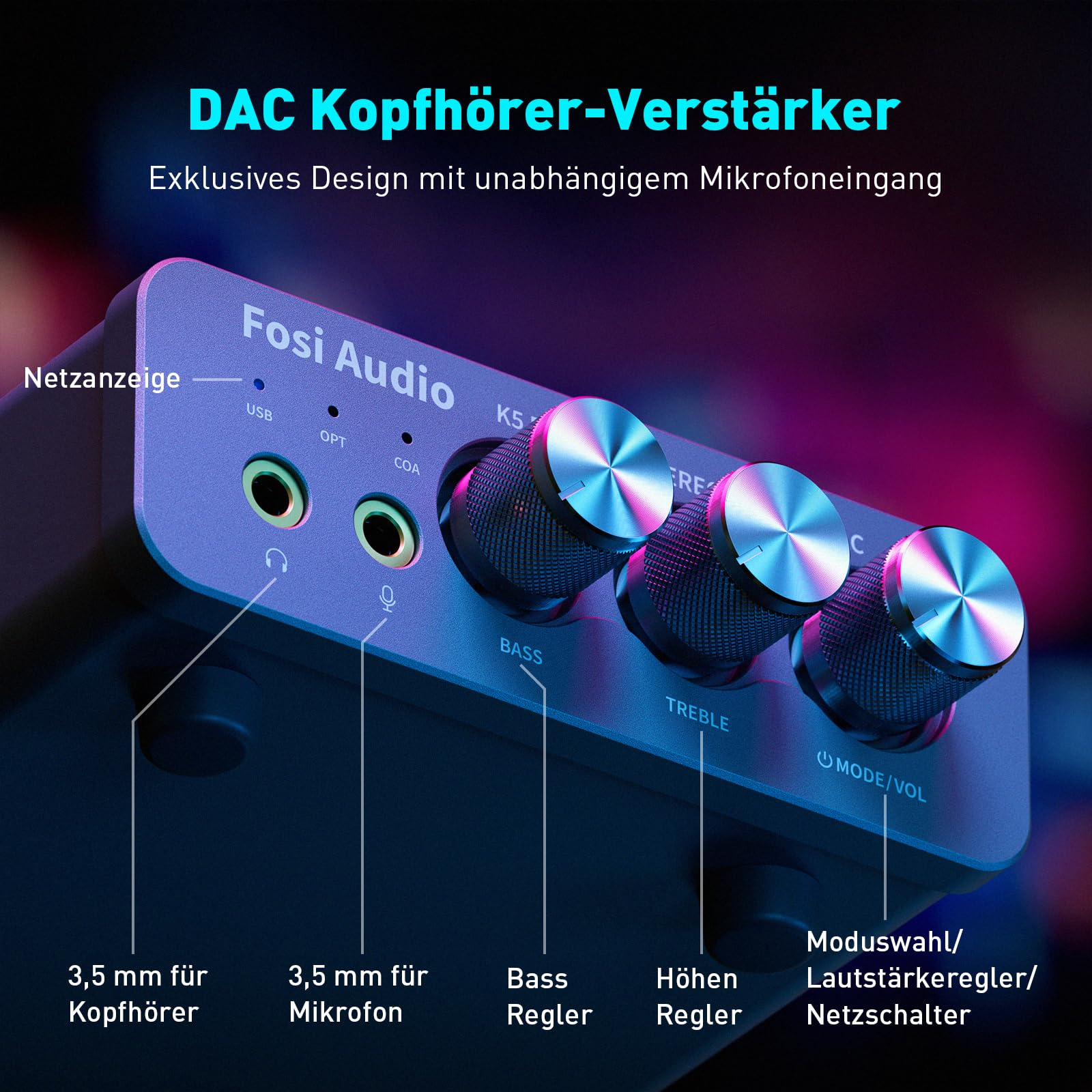 Fosi Audio K5 Pro DAC Kopfhörerverstärker mit Reglern, Anschlüssen und deutscher Beschriftung bei blauer und rosa Beleuchtung.