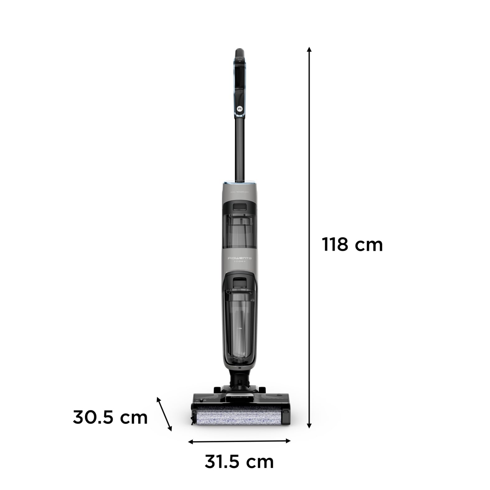 Aspirapolvere scopa grigio e nero con dimensioni di 118 cm di altezza, 31,5 cm di larghezza e 30,5 cm di profondità su sfondo bianco.