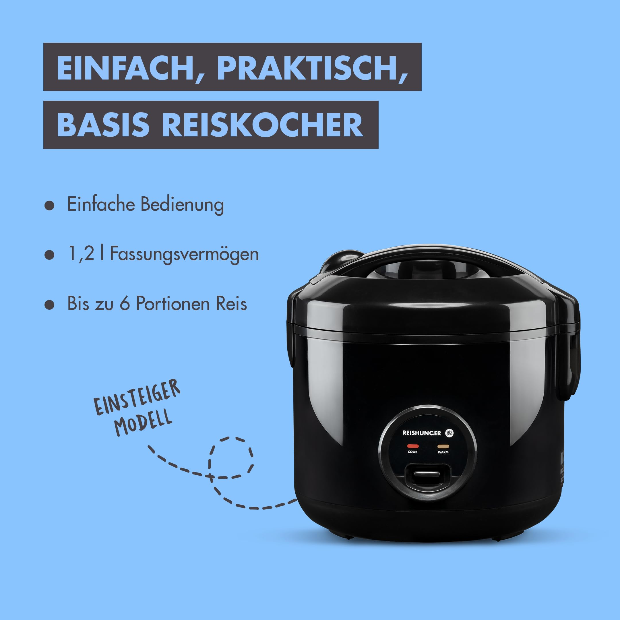 Schwarzer Reiskocher vor blauem Hintergrund mit deutschen Werbetexten.