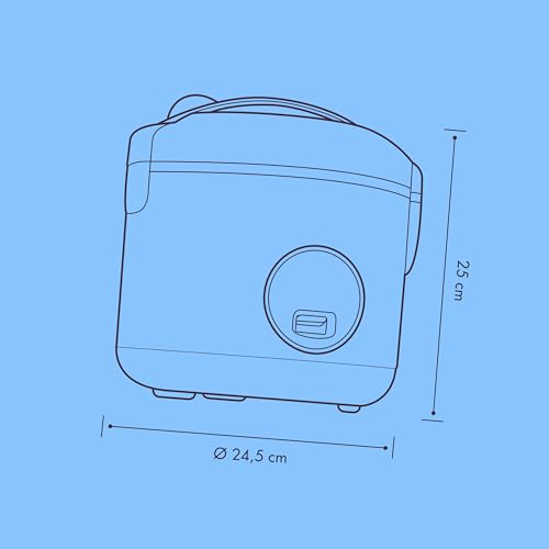Blaue technische Zeichnung eines Reiskochers mit Maßen: Höhe 25 cm, Durchmesser 24,5 cm.