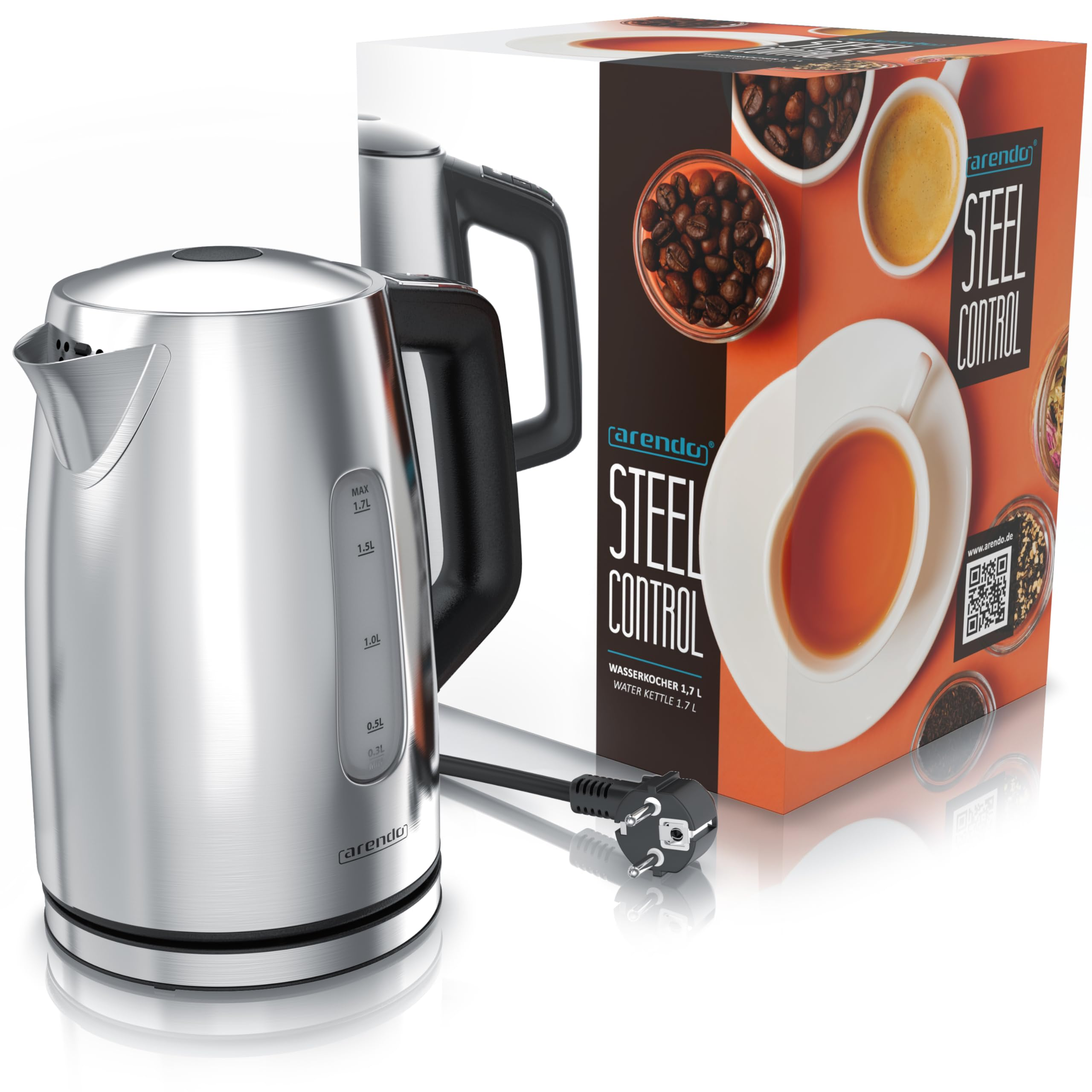 Ein Edelstahl-Wasserkocher steht neben seiner Produktbox mit Kaffee- und Tee-Bildern.
