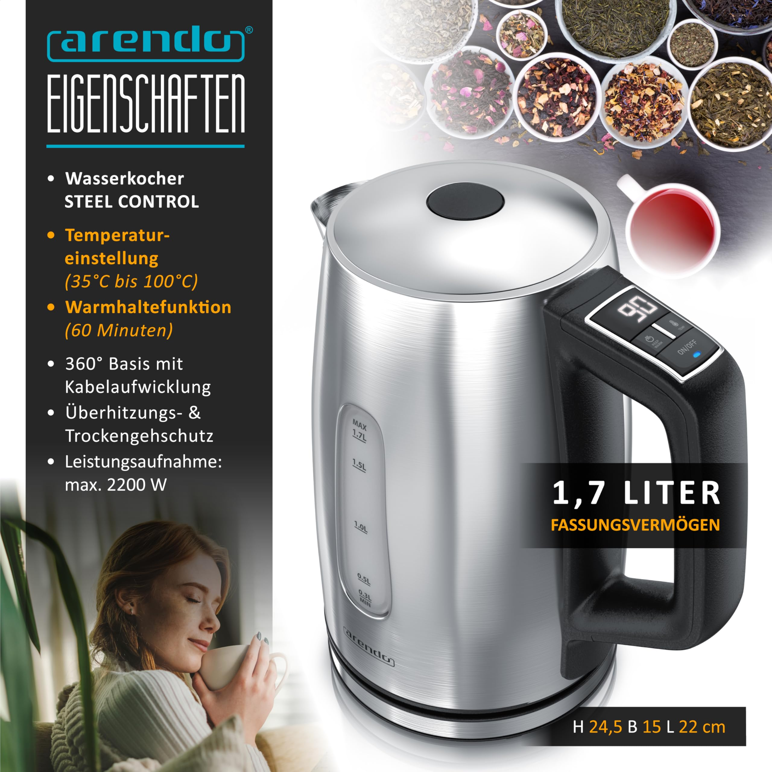 Edelstahl-Wasserkocher mit Digitaldisplay am Griff, 1,7L Fassungsvermögen, Funktionsliste und einer Teetrinkenden Frau.