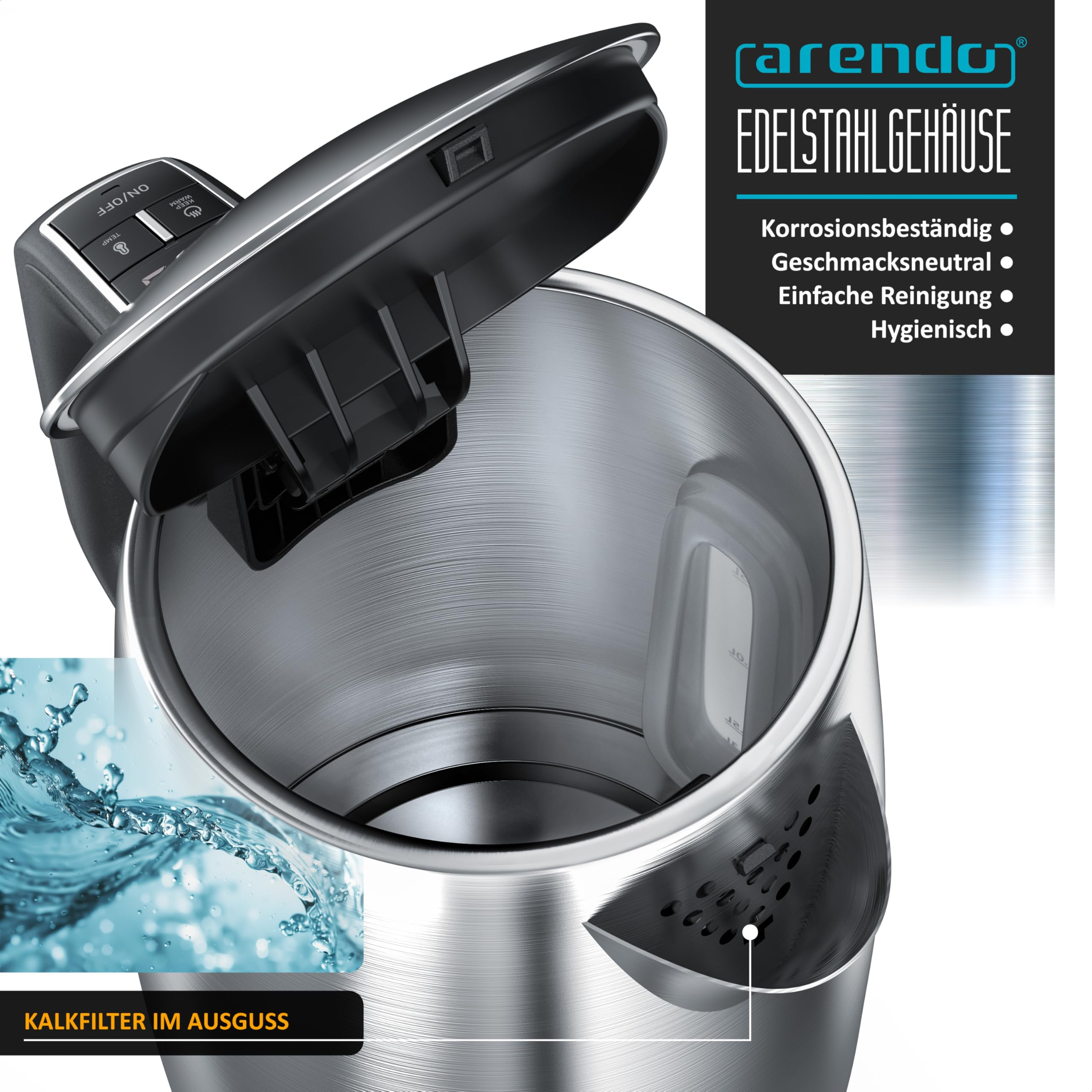 Offener Edelstahl-Wasserkocher mit Kalkfilter im Ausguss und Arendo-Logo.