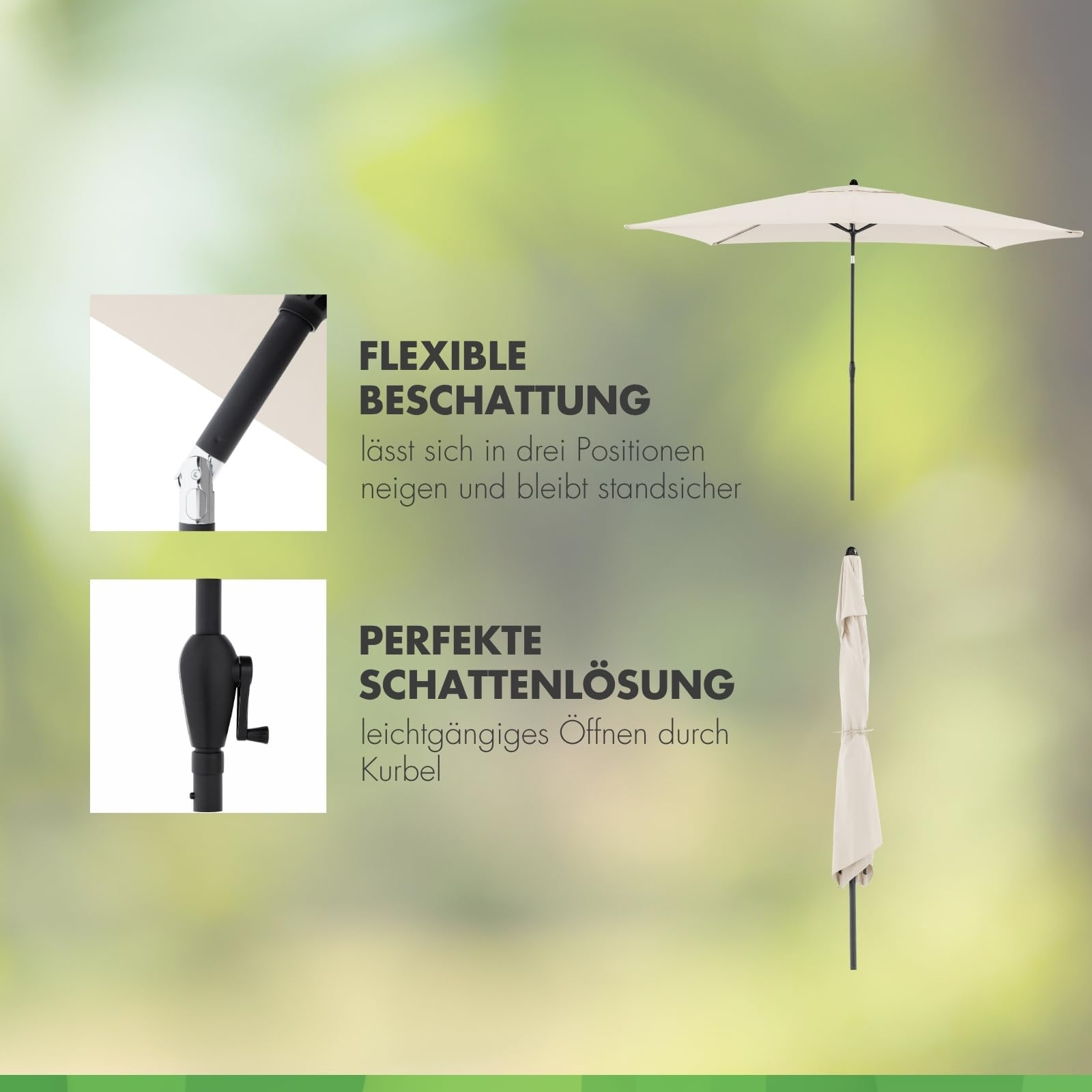 Beigefarbener Gartenschirm mit Neigemechanismus und Kurbel, geöffnet und geschlossen vor verschwommenem Grün.