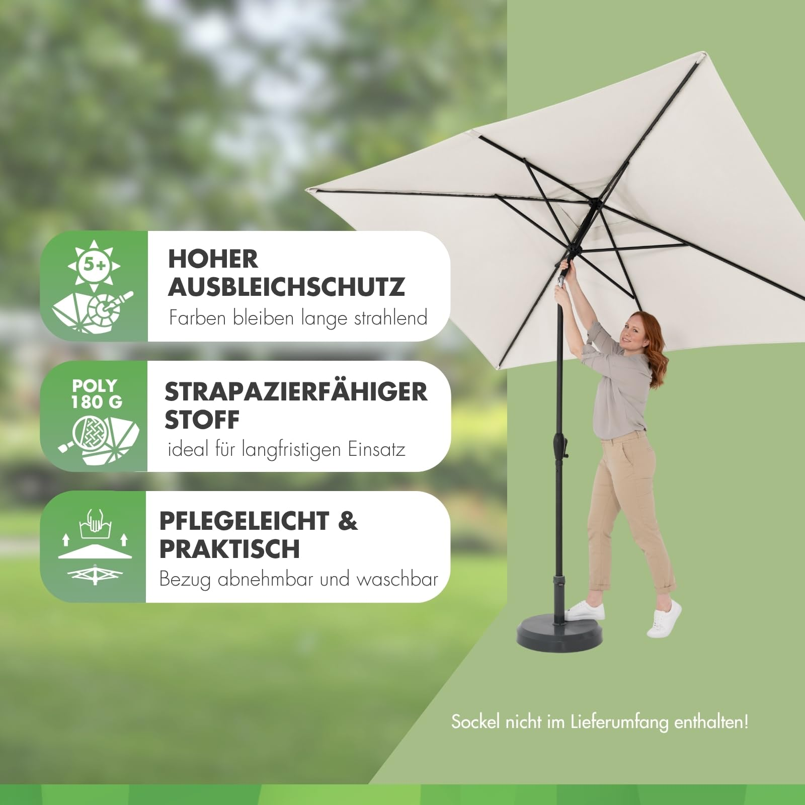 Eine Frau öffnet einen großen weißen Sonnenschirm im Garten. Links Textkarten mit Produkteigenschaften.