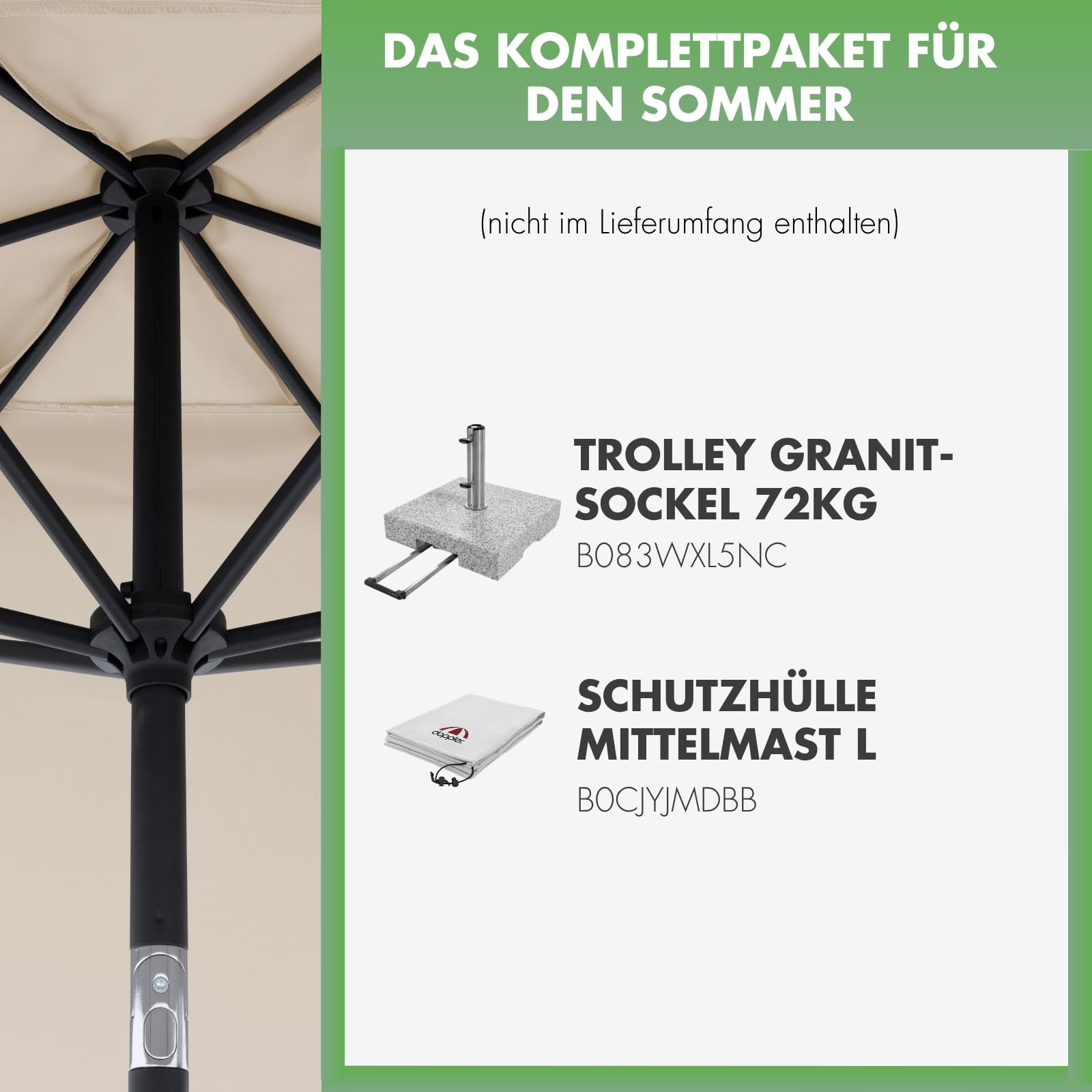 Werbung für Sommer-Komplettpaket mit Sonnenschirm, Granitsockel und Schutzhülle.