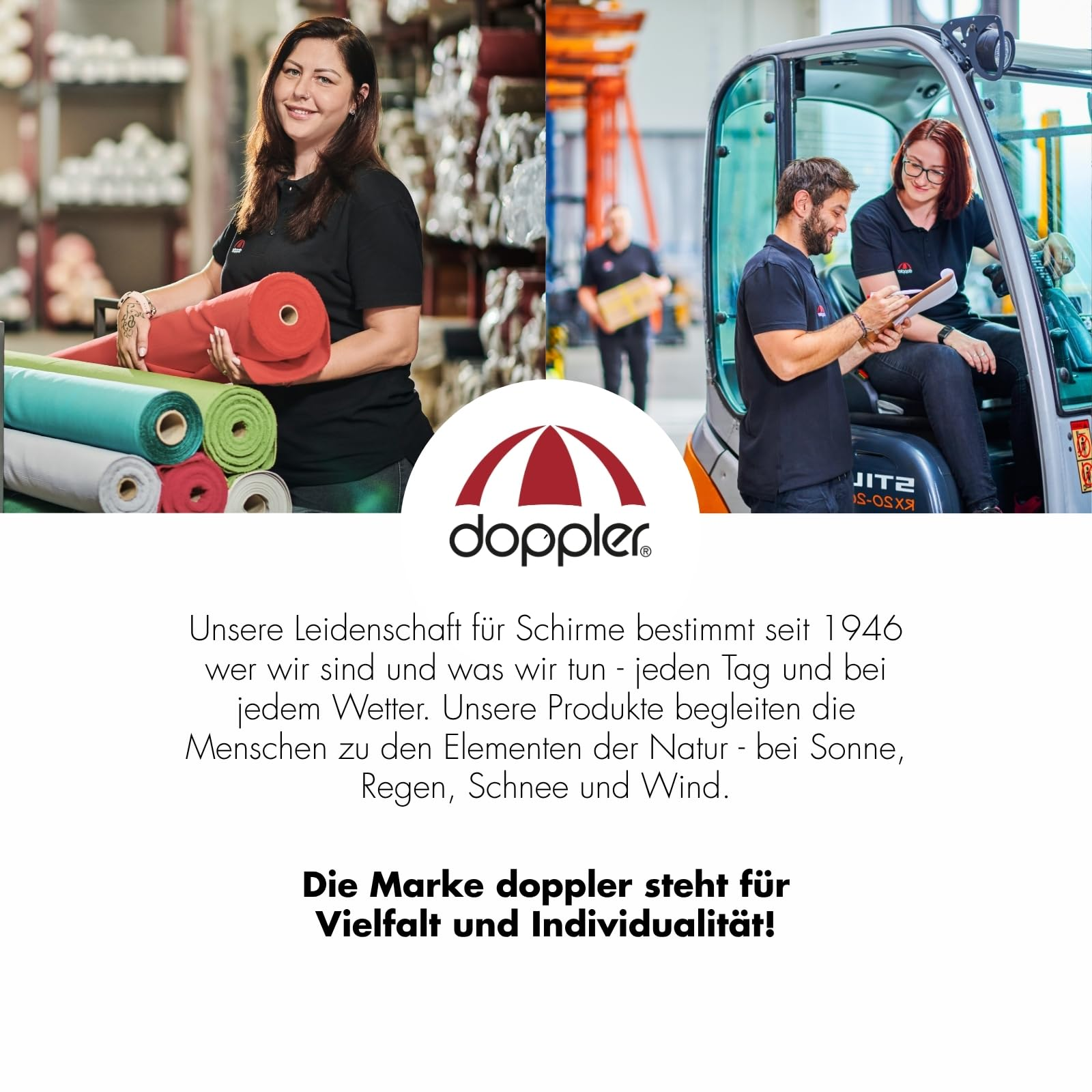 Eine Frau hält Stoffrollen, Arbeiter an einem Gabelstapler und das Doppler-Logo mit Text darunter.