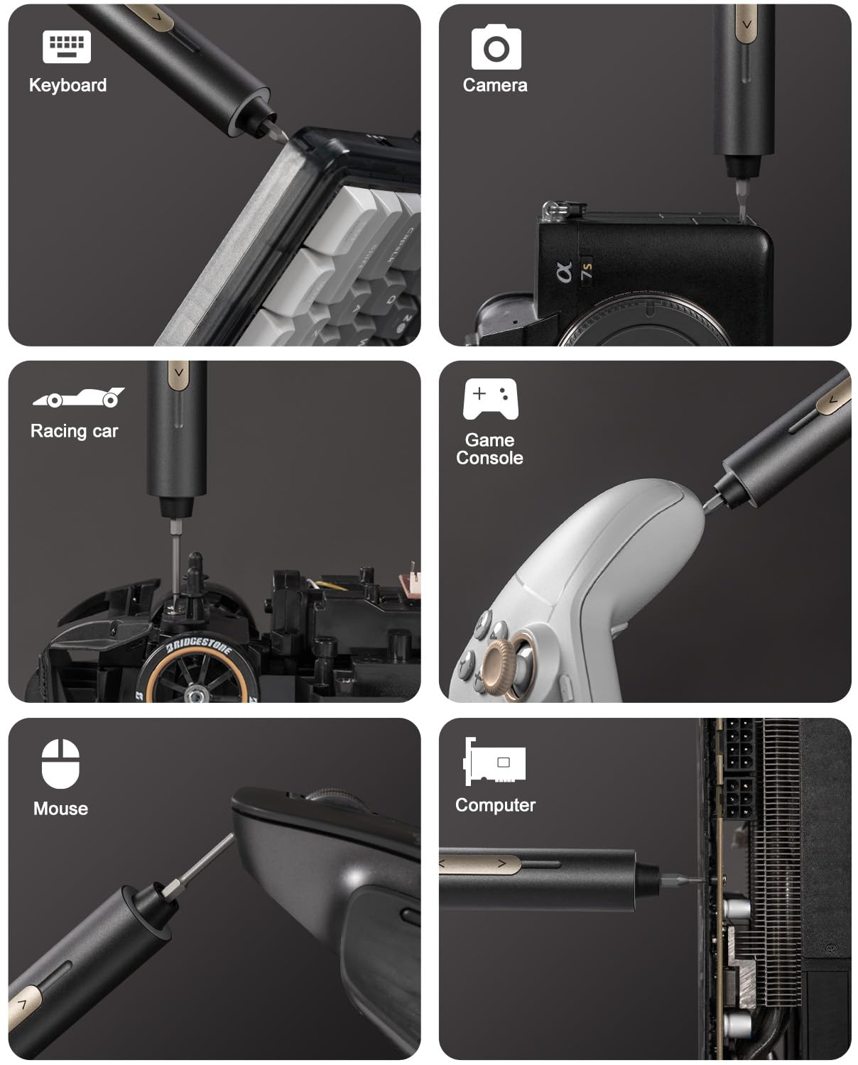 Un cacciavite elettrico ripara tastiera, fotocamera, auto da corsa, console, mouse e componenti di un computer.