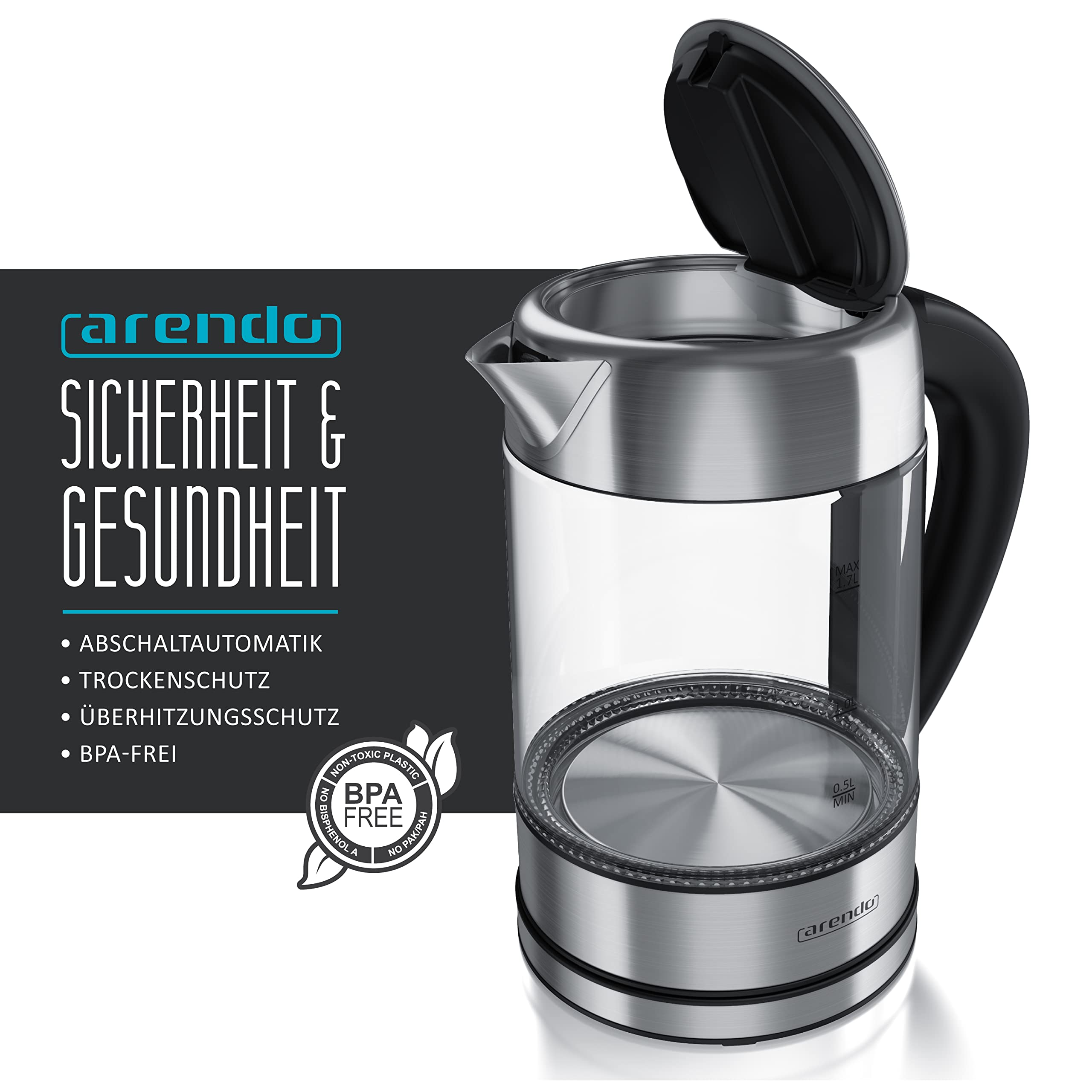 Bouilloire en verre avec acier inoxydable et couvercle ouvert devant une bannière publicitaire.