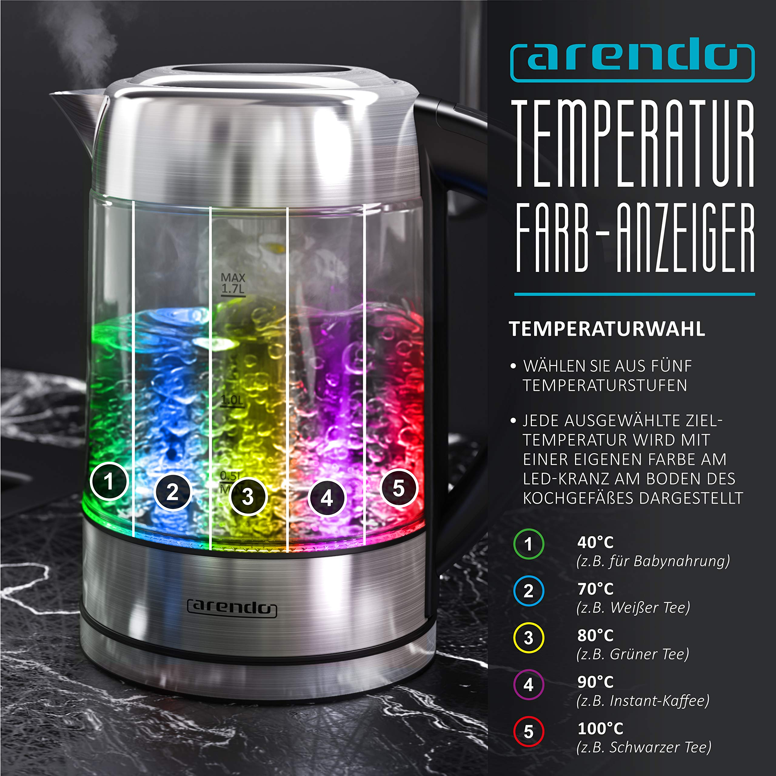 Bouilloire en verre Arendo avec choix de la température, affichage LED coloré pour 5 niveaux et vapeur.