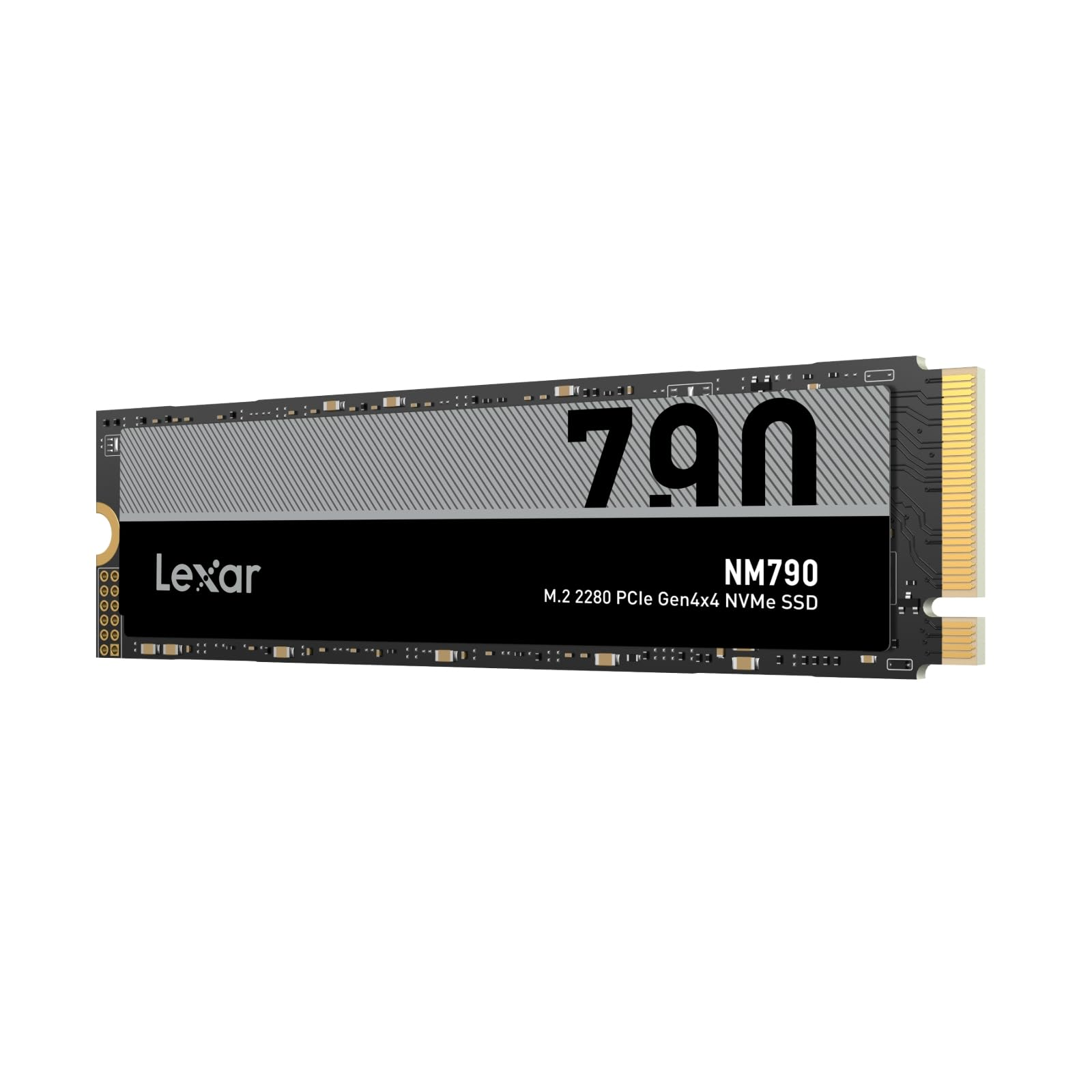 SSD NVMe M.2 2280 PCIe Gen4x4 Lexar NM790 con etichetta nera e grigia su sfondo bianco.