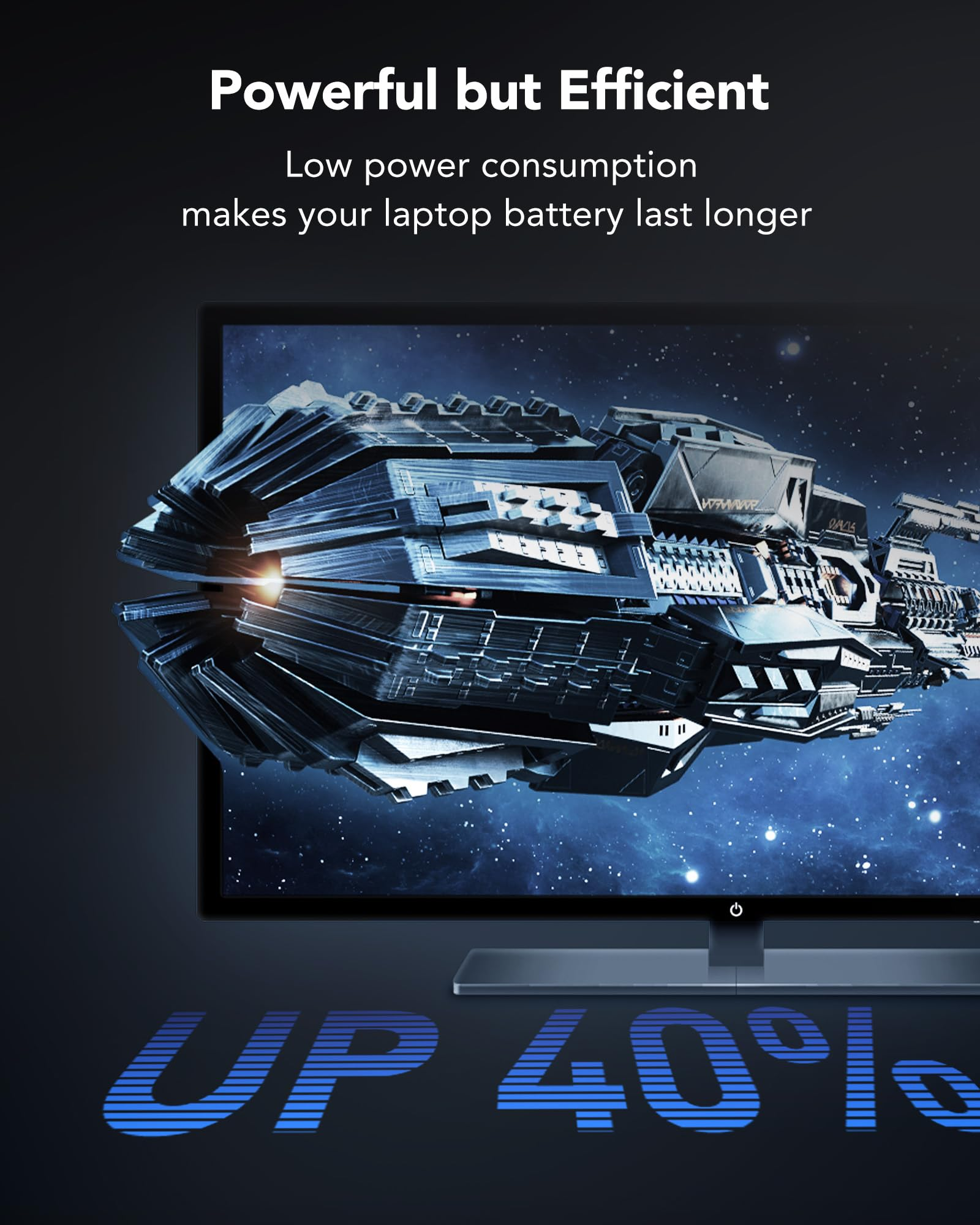 Una nave spaziale su un monitor con testo sui bassi consumi.