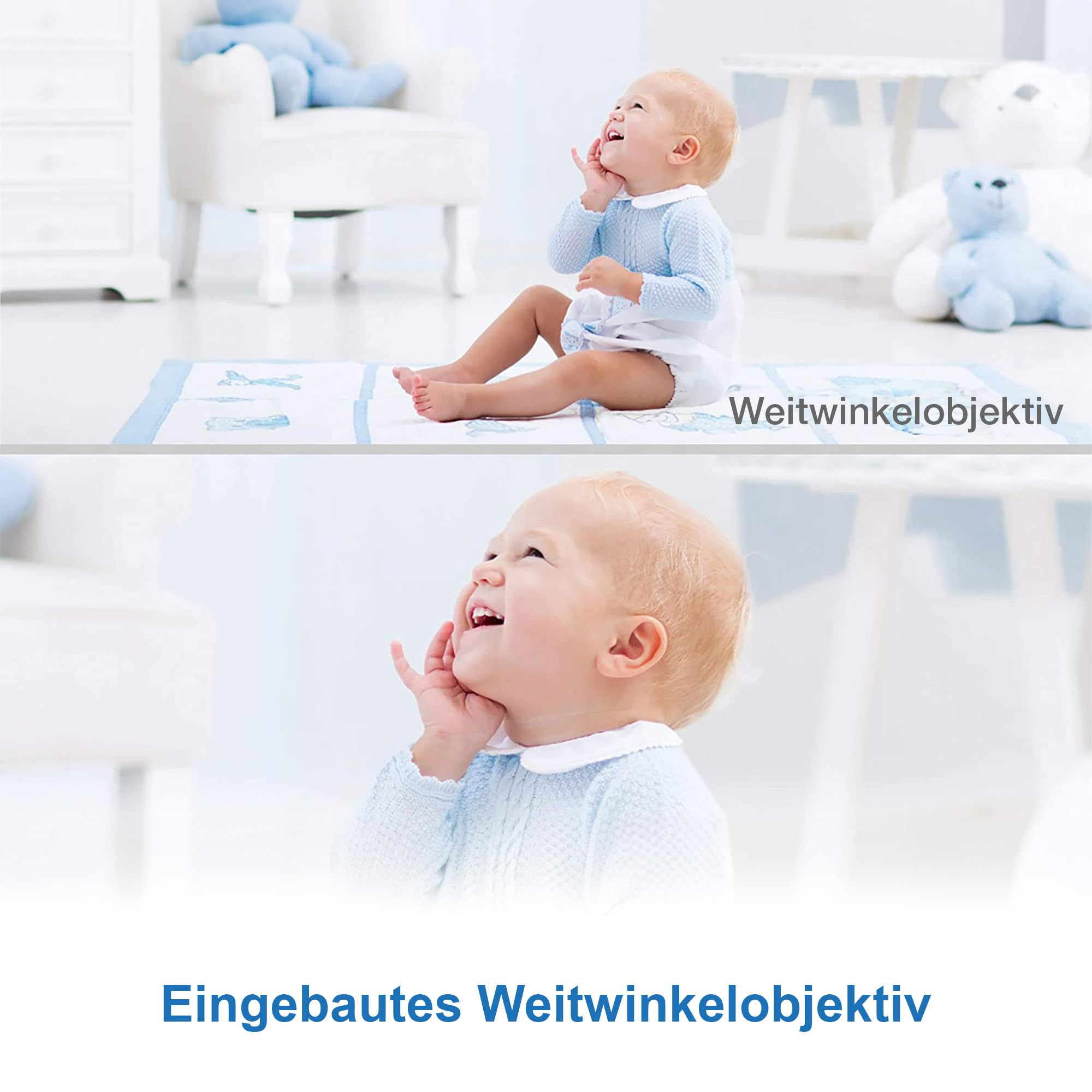 Un jeune enfant heureux en vêtements bleus assis sur un tapis dans une pièce lumineuse, effet grand angle.