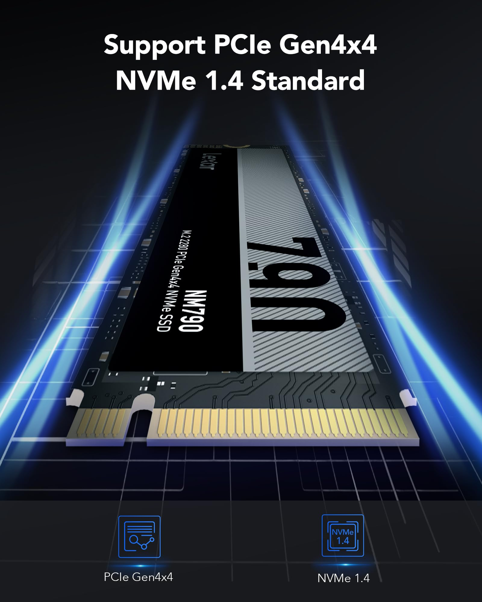 SSD M.2 NVMe Lexar NM790 con effetti di luce blu e testo PCIe Gen4x4 NVMe 1.4 Standard.