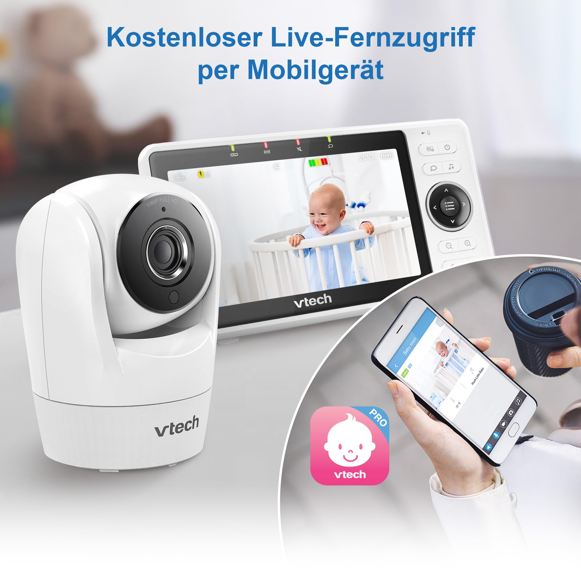 Écoute-bébé Vtech avec caméra, moniteur parents et contrôle par application mobile pour visionnage en direct.