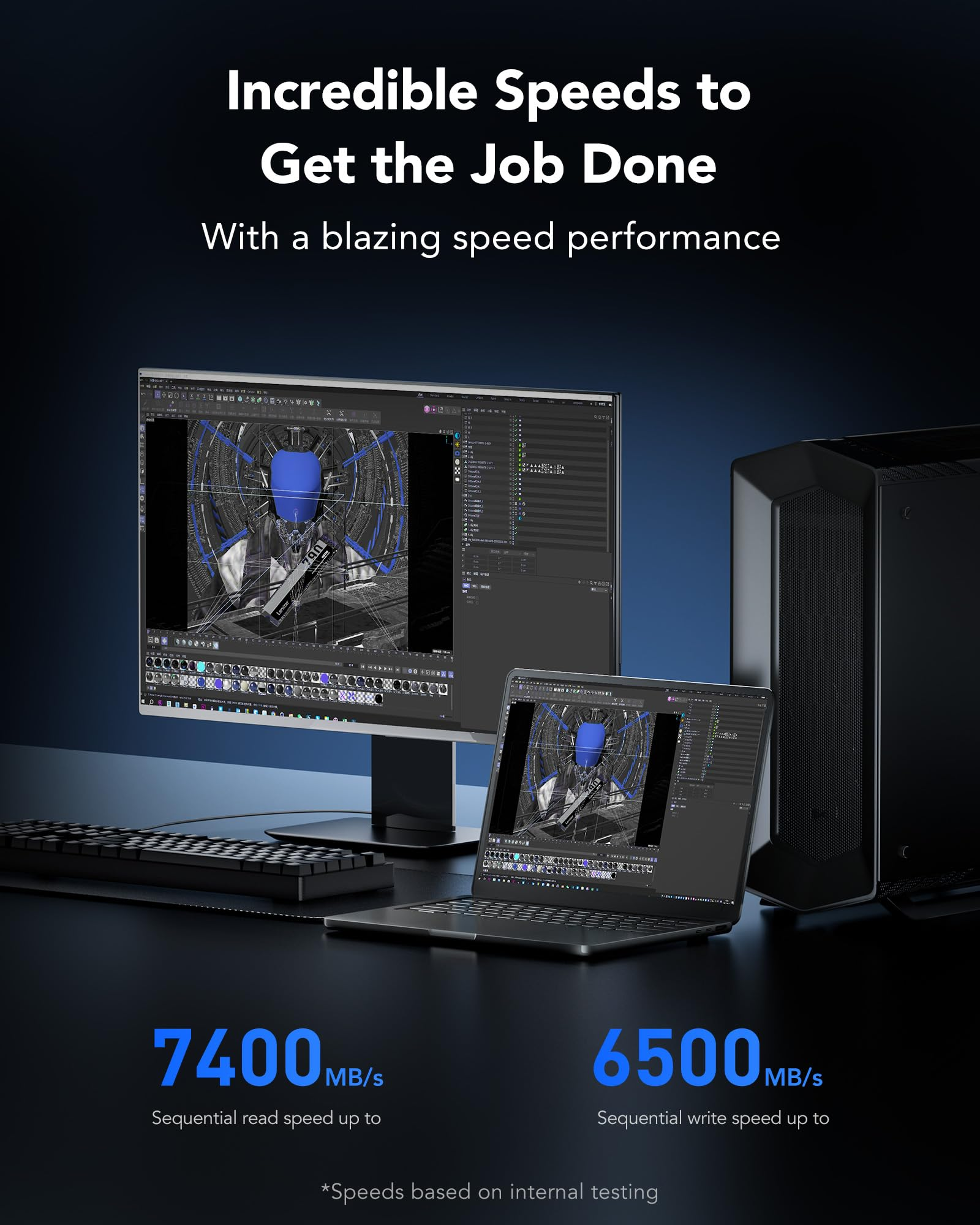 Una configurazione PC mostra velocità di lettura di 7400 MB/s e scrittura di 6500 MB/s su sfondo scuro.