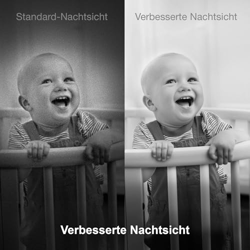 Comparaison de deux modes de vision nocturne avec un bébé souriant dans un lit.