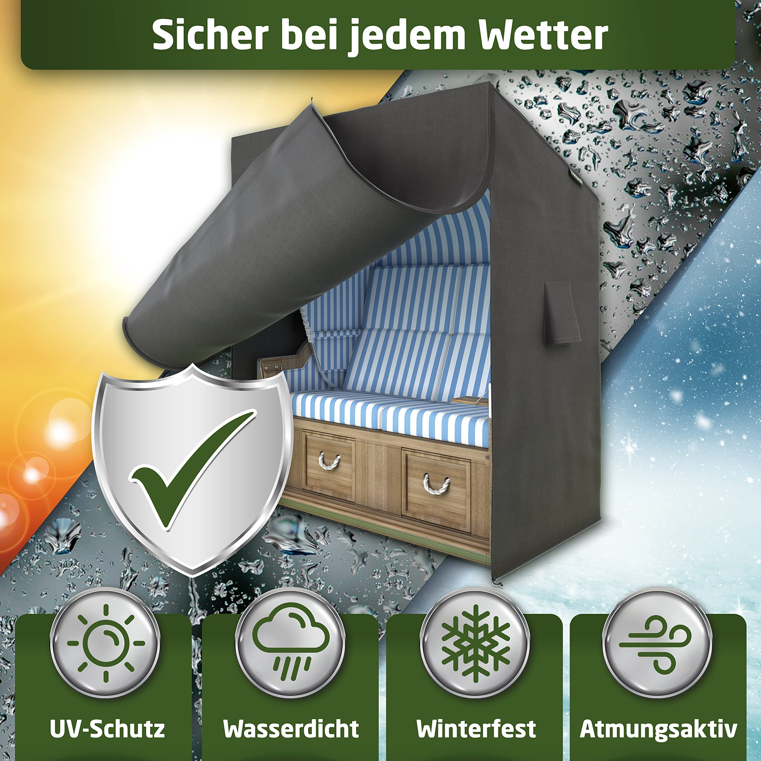 Wetterfeste graue Strandkorbhaube mit blau-weißem Streifenmuster, Regentropfen-, Sonnen- und Schneesymbolen.