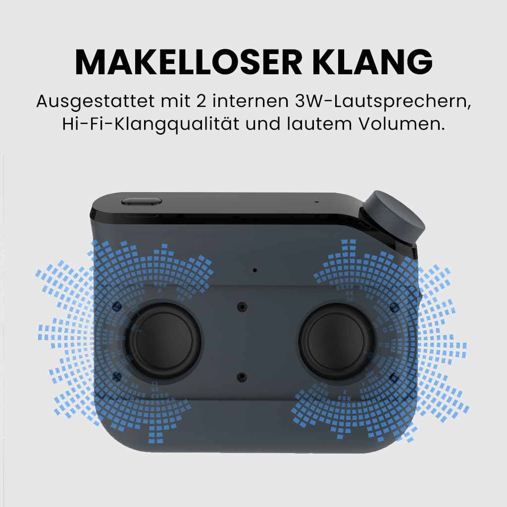 Ein schwarzer tragbarer Lautsprecher mit zwei kreisförmigen Lautsprechern und blauen Schallwellen.