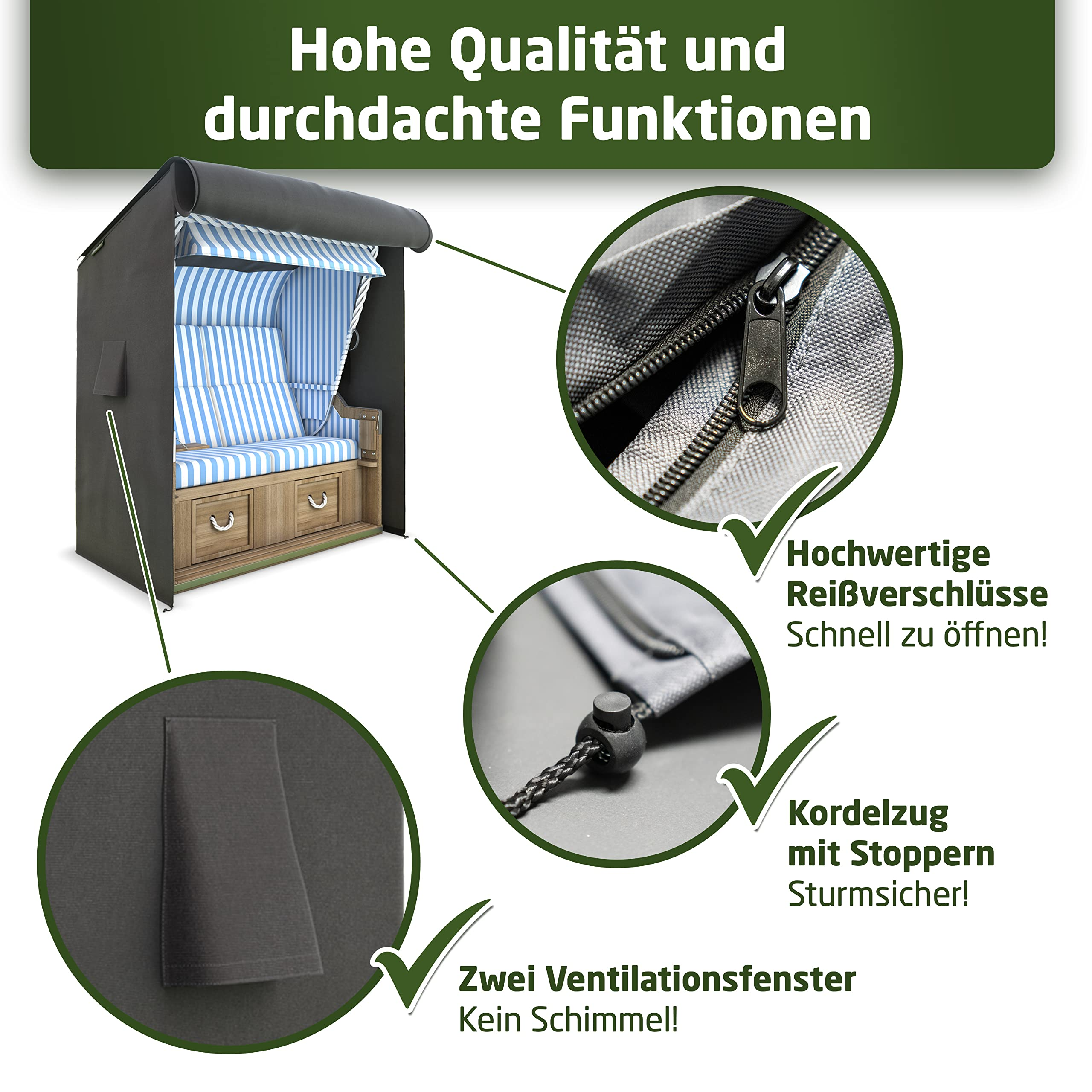 Graue Strandkorbhülle mit Reißverschlüssen, Kordelzug und Belüftungsfenstern für Qualität und Schutz.