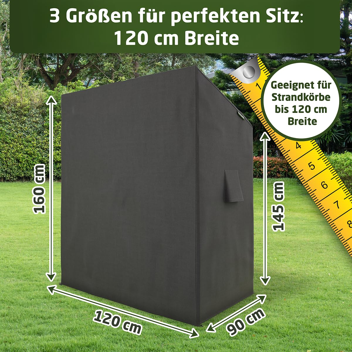 Schwarze Schutzhülle für Strandkörbe mit Abmessungen 120x90x160 cm auf Rasen.