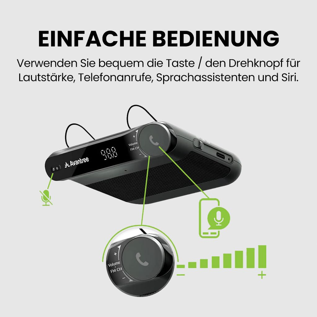 Ein schwarzes Avantree-Gerät mit Drehknopf, Display und Mikrofon-Symbolen zeigt die einfache Bedienung.