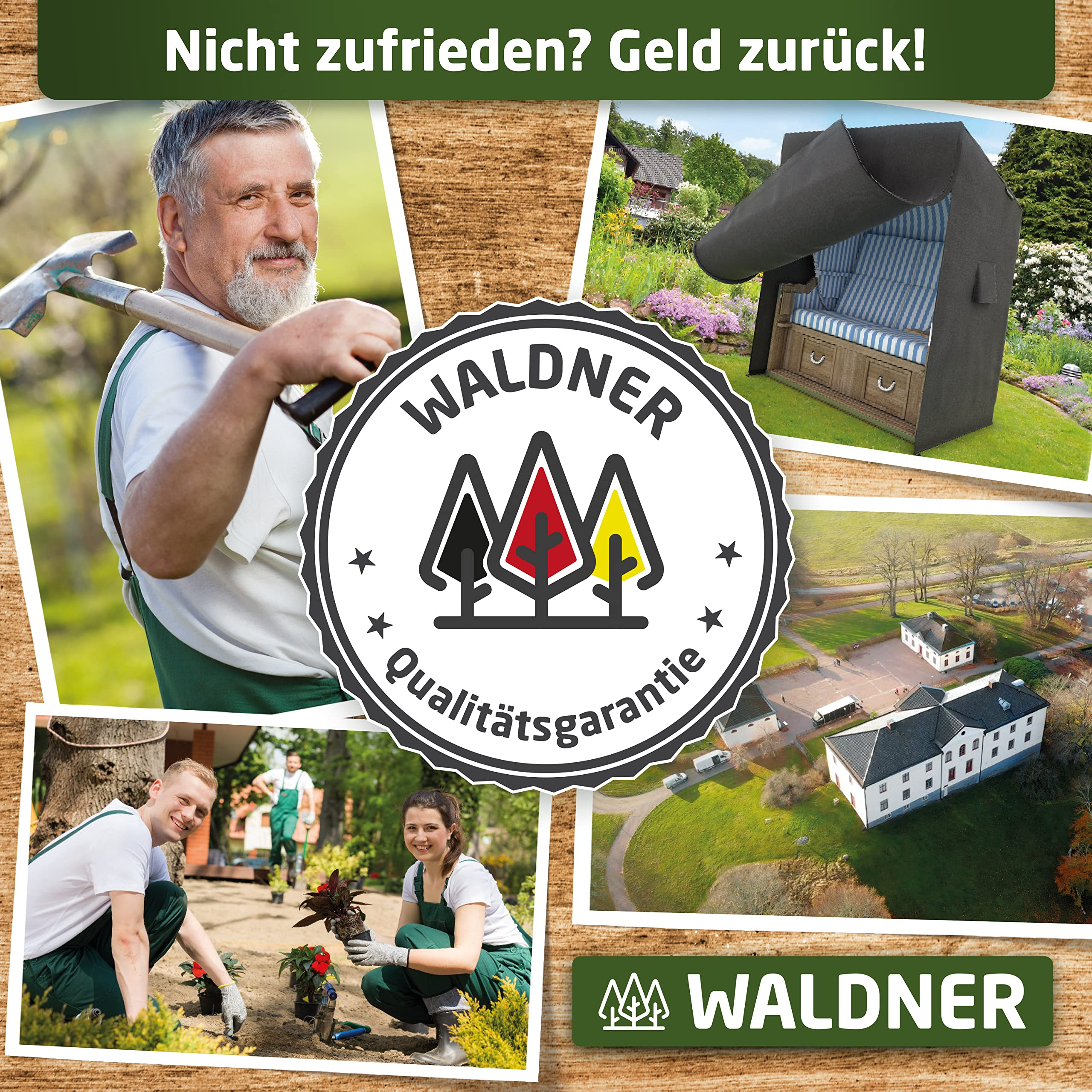 Eine Collage mit Gärtner, Strandkorb und Gebäuden, mittig das Waldner Gütesiegel.