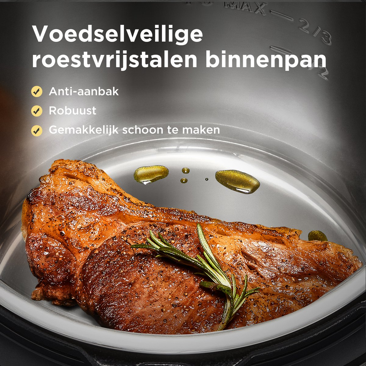 Un steak juteux au romarin dans un bol en acier inoxydable, avec du texte en néerlandais.