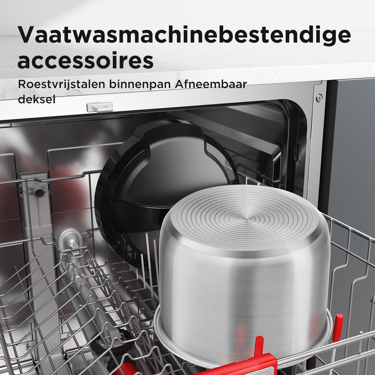 Pièces lavables au lave-vaisselle, dont une casserole en inox et un couvercle noir.
