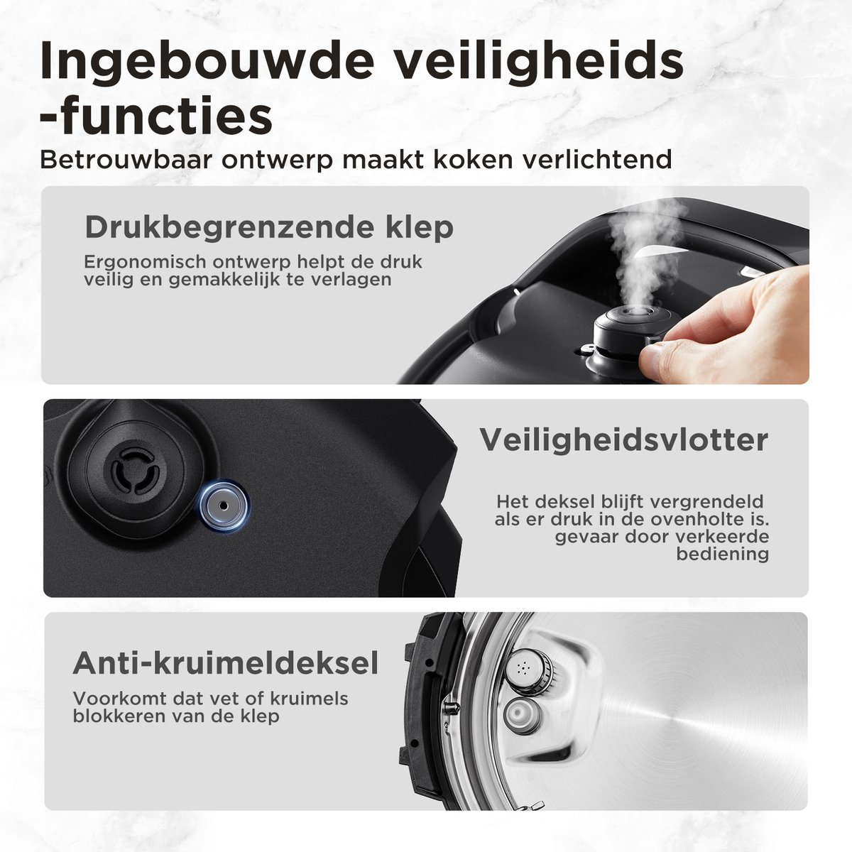 Infographie montrant les caractéristiques de sécurité intégrées d'un autocuiseur.