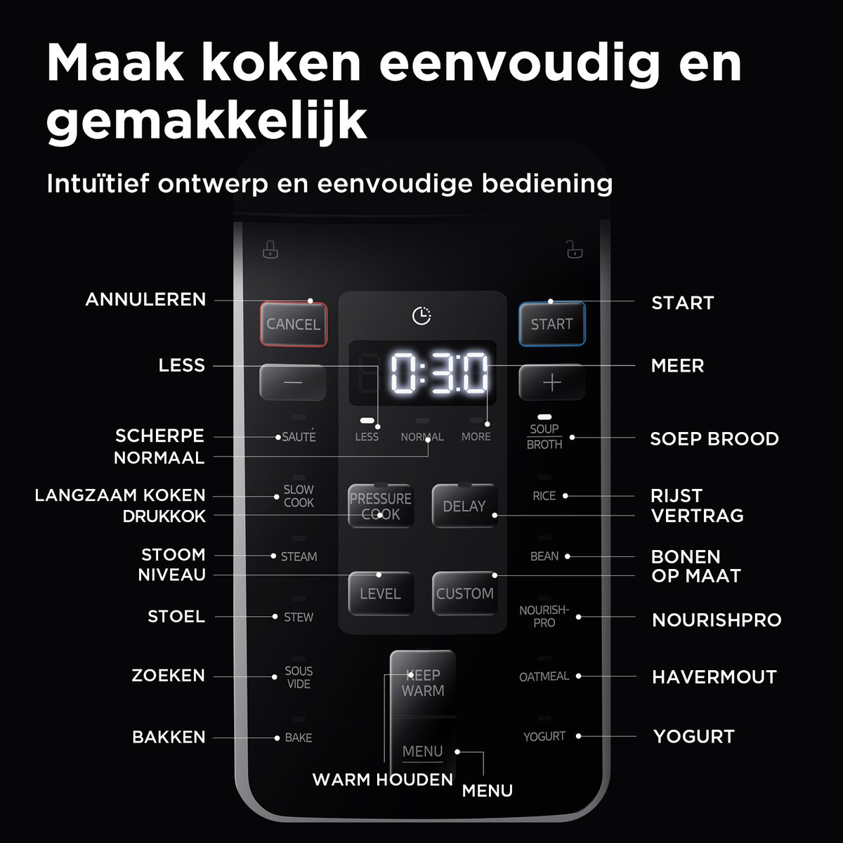 Affichage numérique et clavier d'un autocuiseur avec texte en néerlandais.