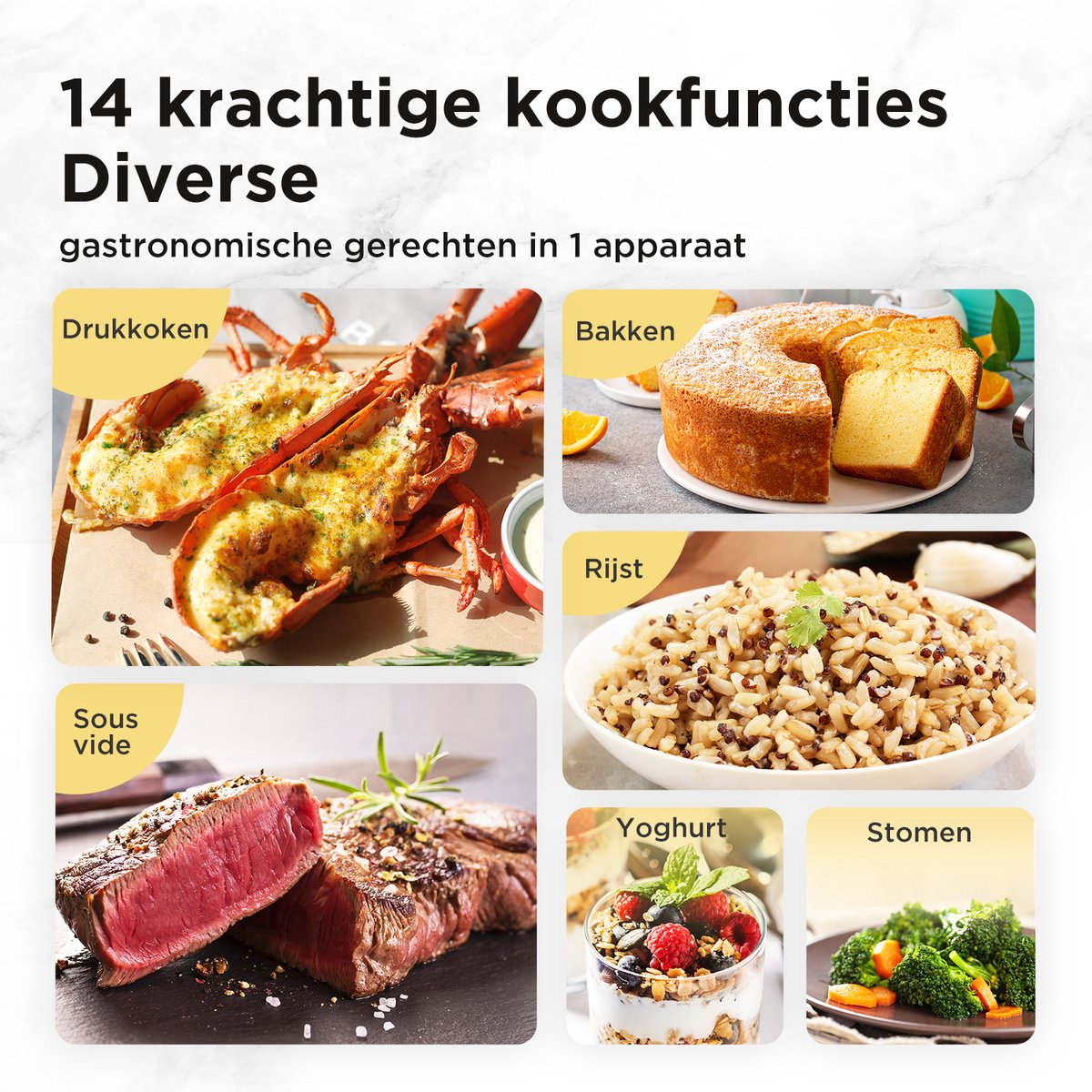 Une publicité montrant 14 fonctions de cuisson avec des images de homard, gâteau, riz, steak, yaourt et brocoli.