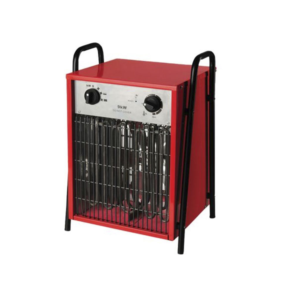 Ein kompakter roter Industrie-Heizlüfter mit zwei schwarzen Griffen und einem Kontrollpanel auf der Vorderseite.