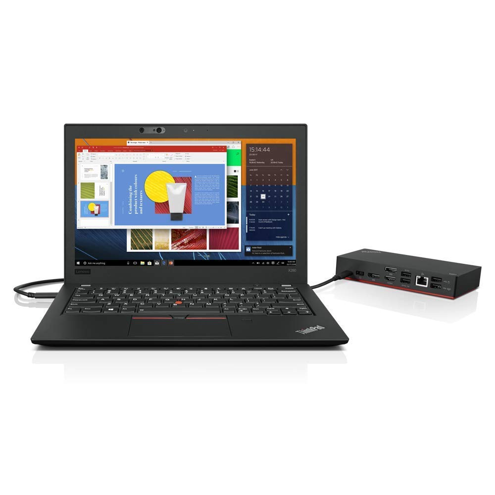 Ein schwarzer Lenovo ThinkPad Laptop ist mit einer Dockingstation verbunden und zeigt eine farbenfrohe Benutzeroberfläche.