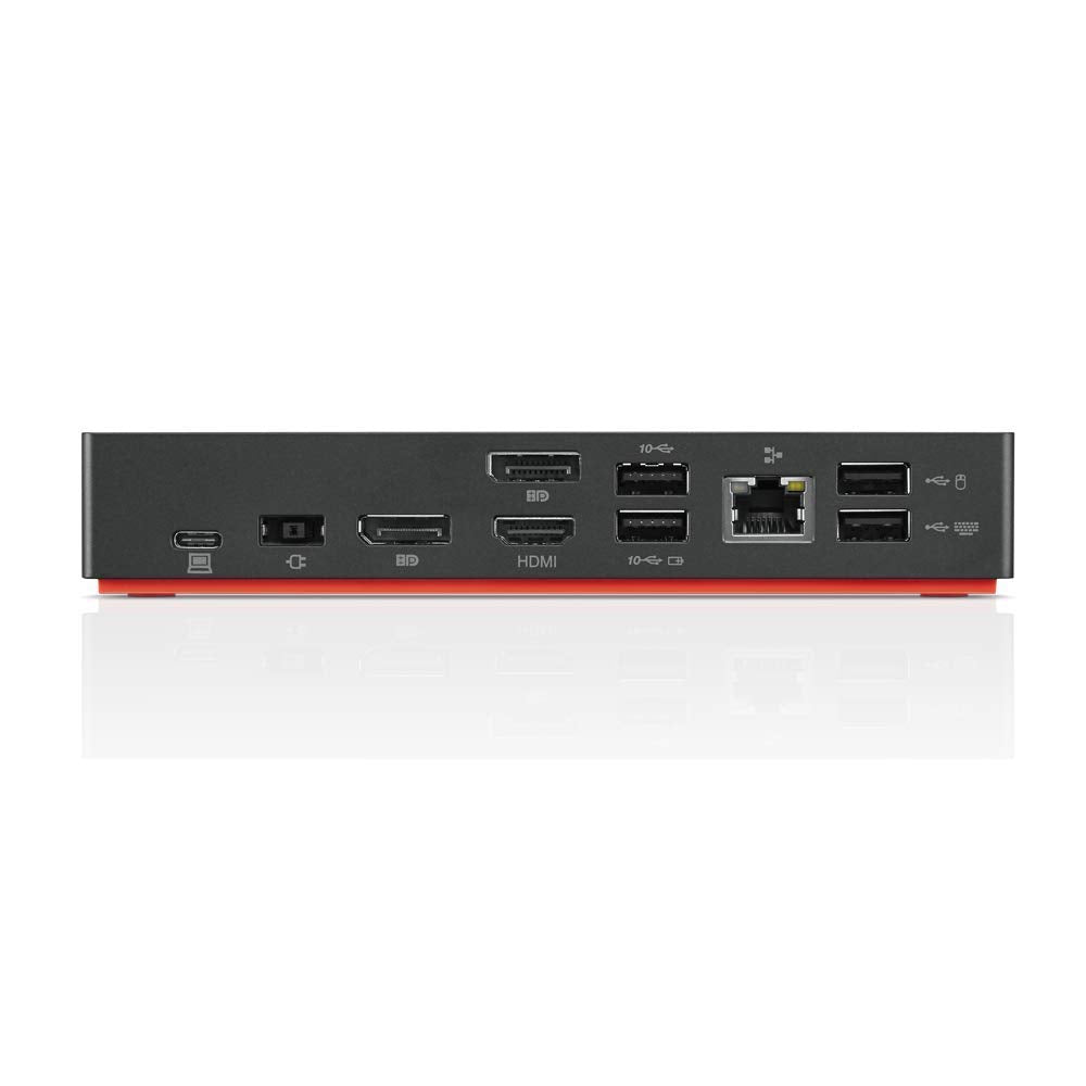 Rückansicht einer schwarzen Dockingstation mit verschiedenen Anschlüssen wie USB, DisplayPort, HDMI und Ethernet.