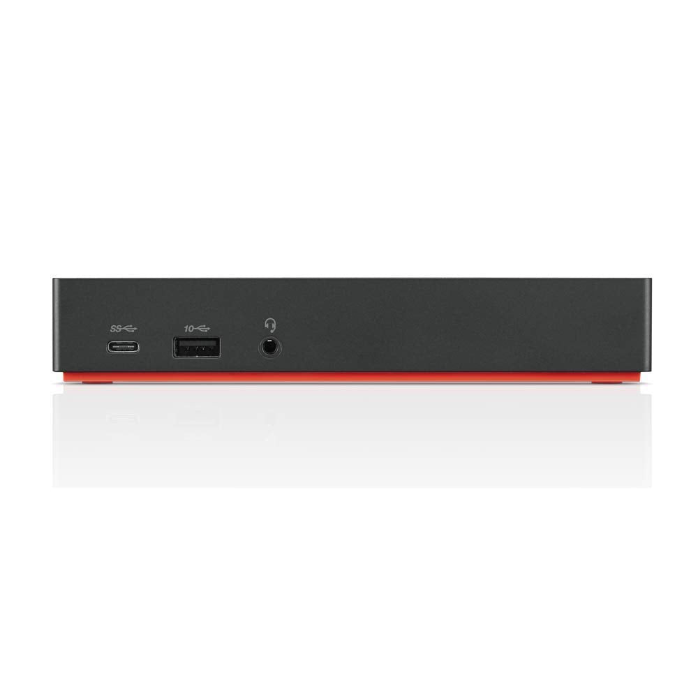 Vorderansicht eines schwarzen Geräts mit einem USB-C-Anschluss, einem USB-Anschluss und einer Audiobuchse vor weißem Hintergrund.