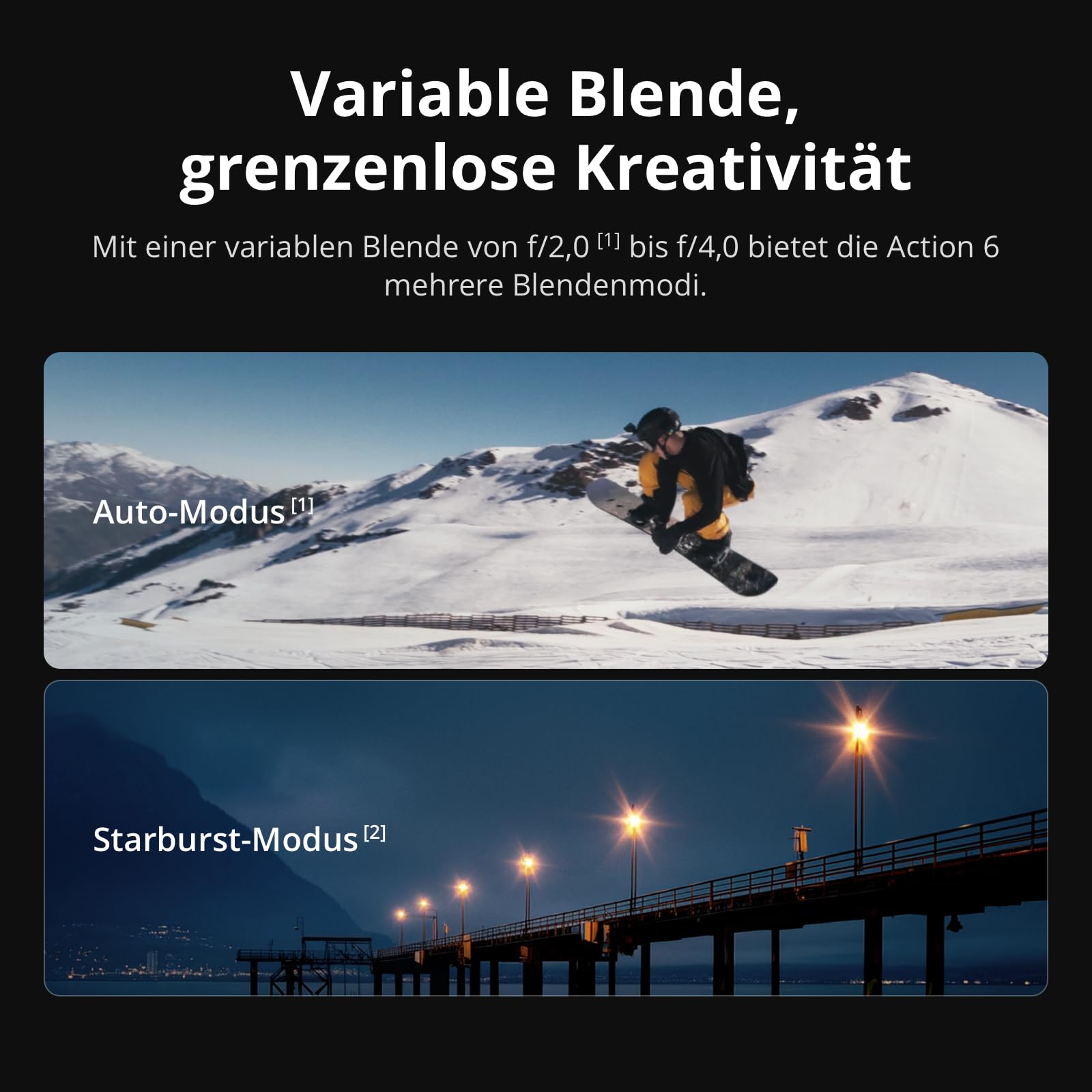 Un snowboardeur sautant dans des montagnes enneigées et des lampadaires brillant sur une jetée.