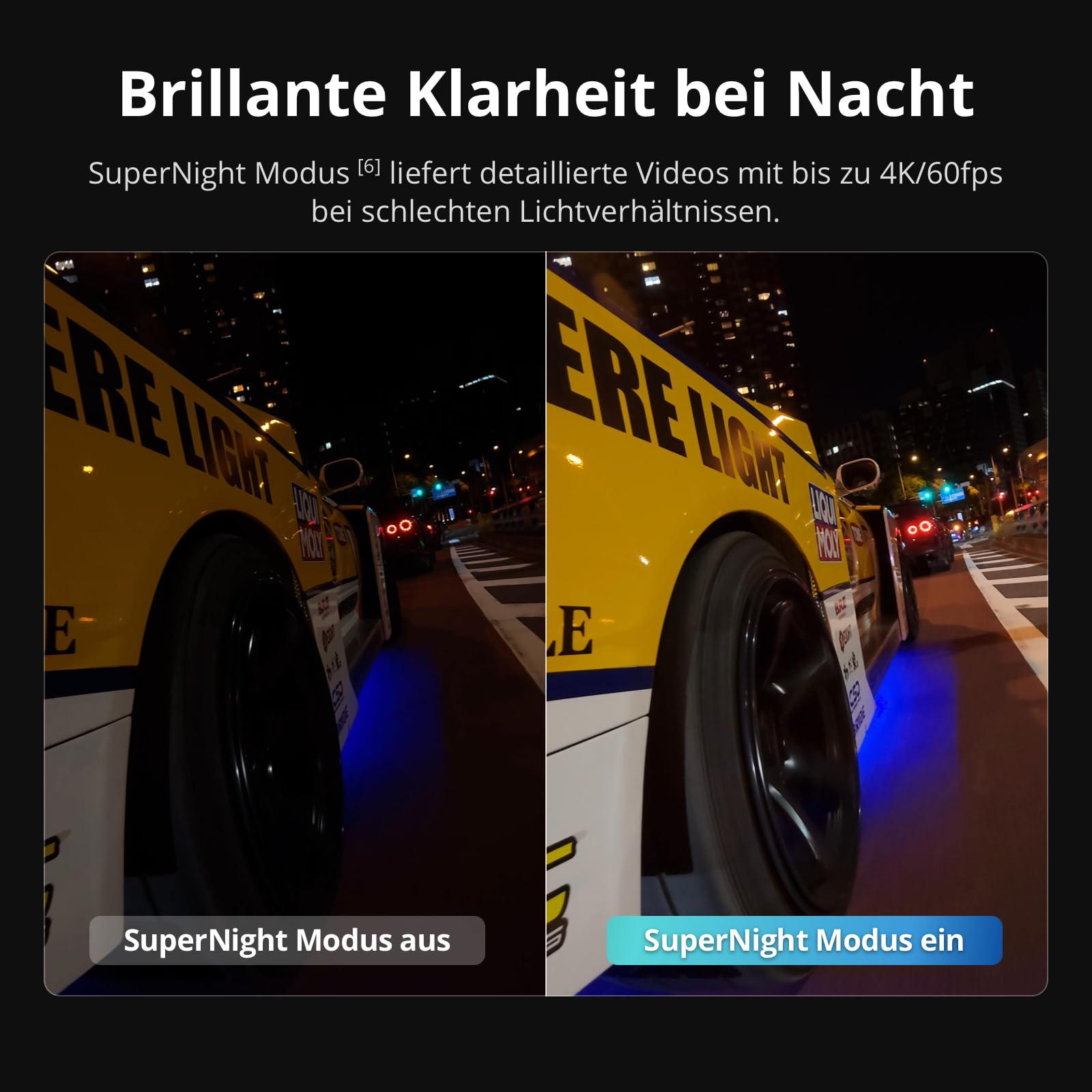 Comparaison de deux photos de nuit d'une voiture jaune, gauche sans et droite avec le mode SuperNight.