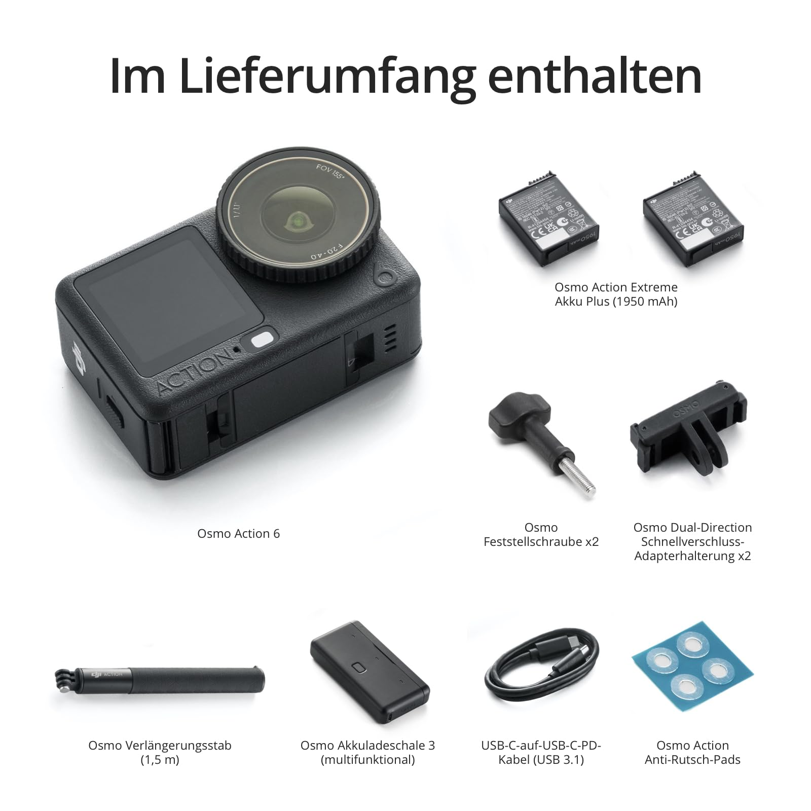 Kit fotocamera e accessori DJI Osmo Action inclusi batterie, supporti, asta di prolunga, custodia di ricarica e cavi.