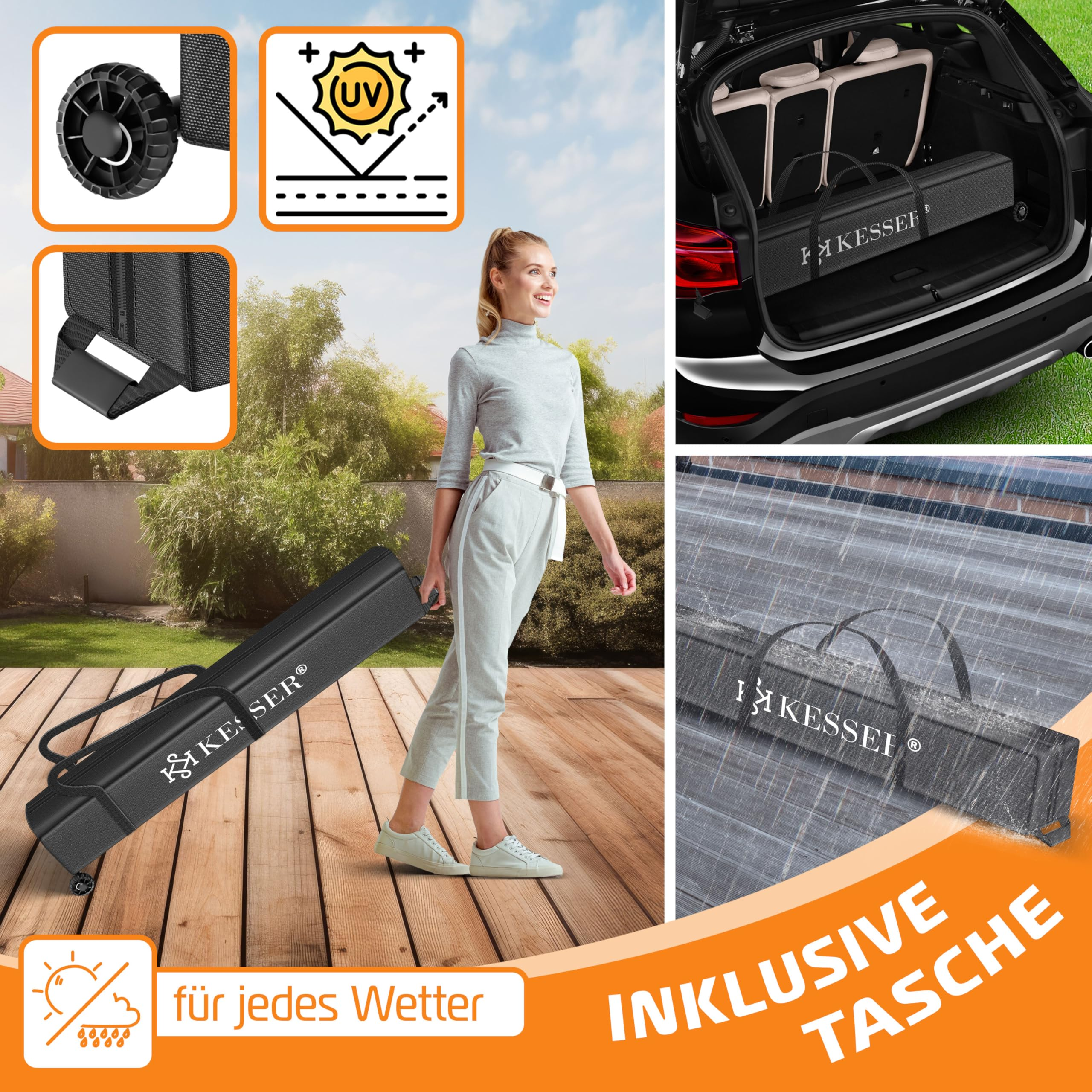 Eine Frau zieht eine Kesser Aufbewahrungstasche über ein Holzdeck, mit Detailbildern und Kofferraum.