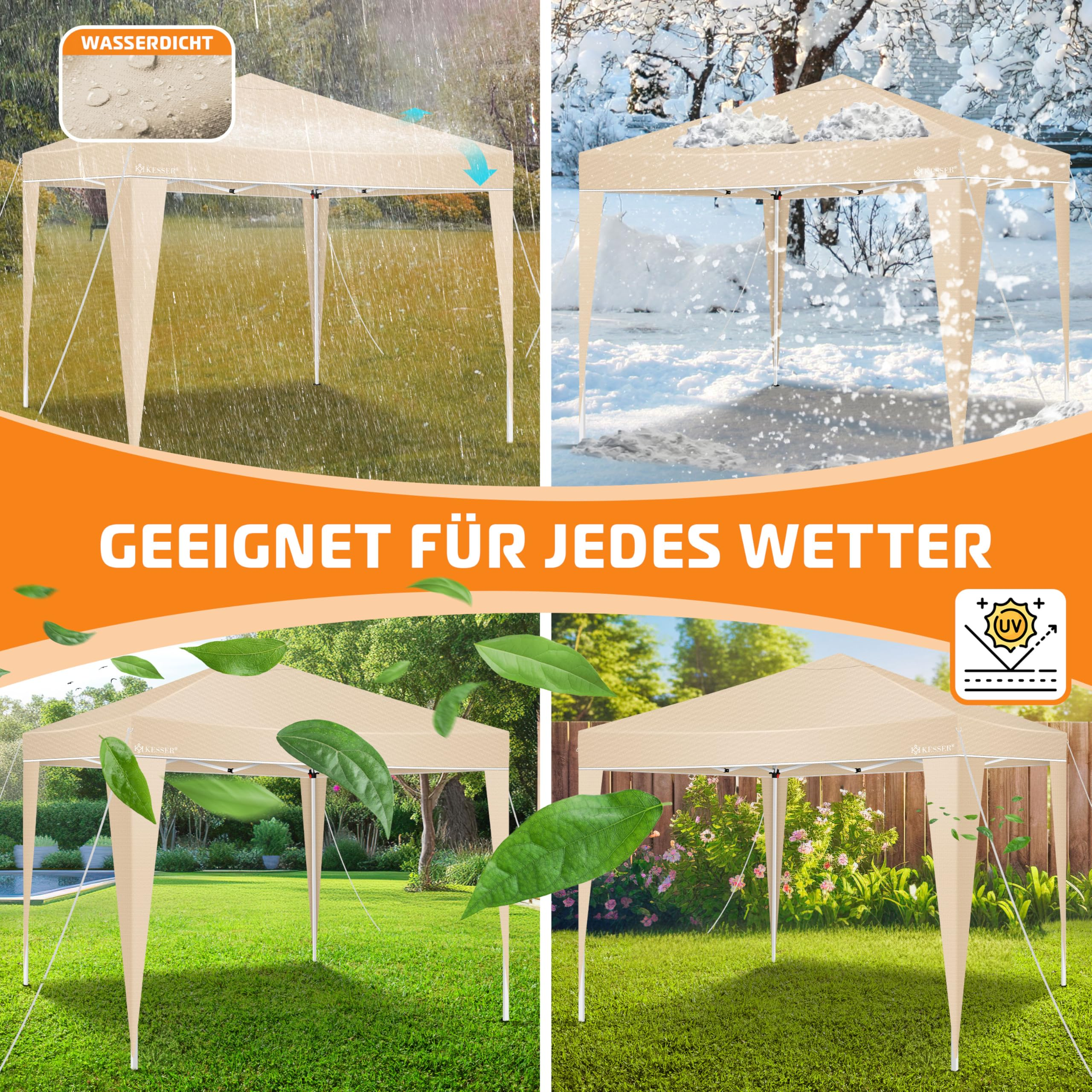 Ein beige Pop-up-Pavillon in vier verschiedenen Wetterbedingungen: Regen, Schnee, Sommer und Wind mit Blättern.
