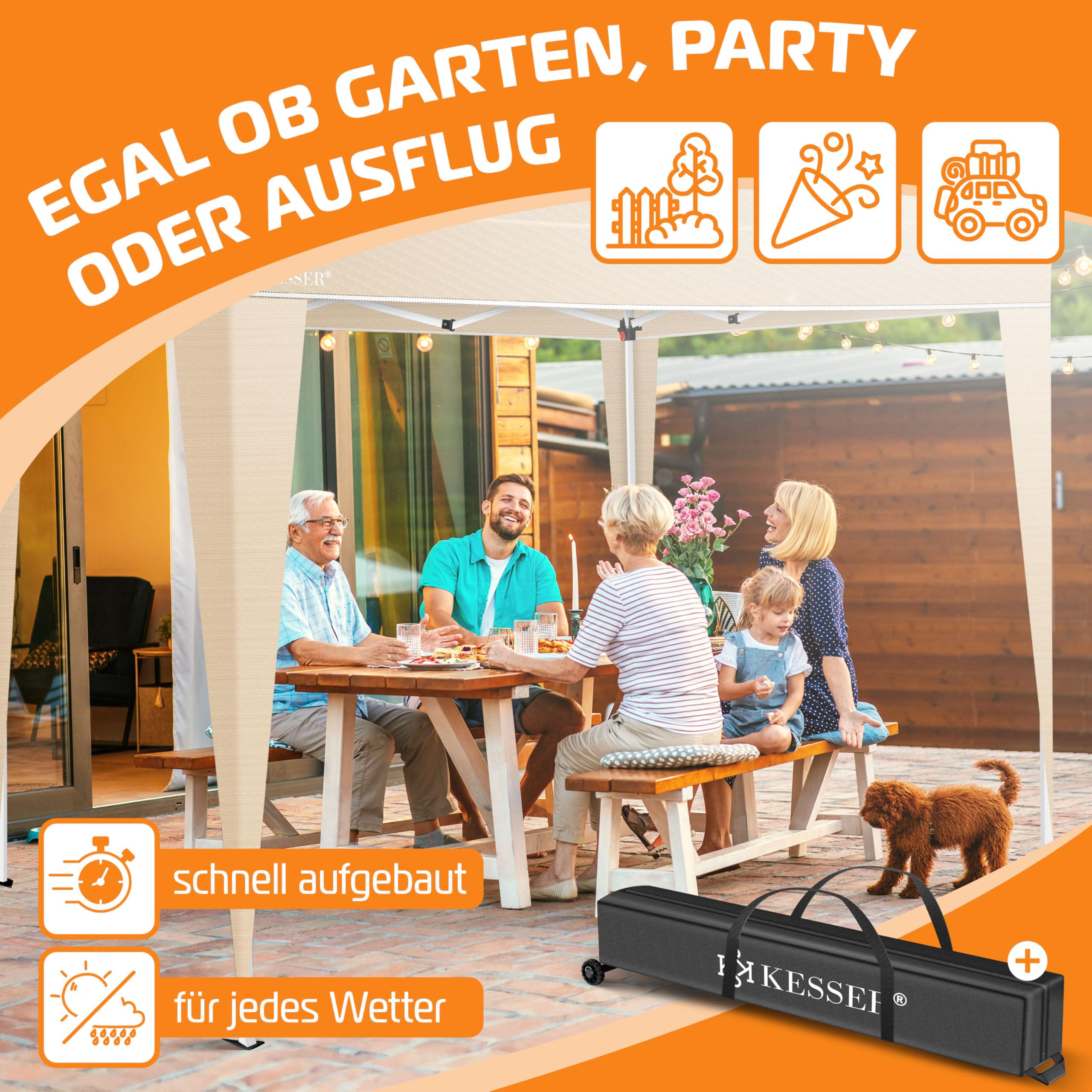 Familie und Freunde sitzen unter einem beigen Pavillon an einem Holztisch, im Hintergrund ein Hund.