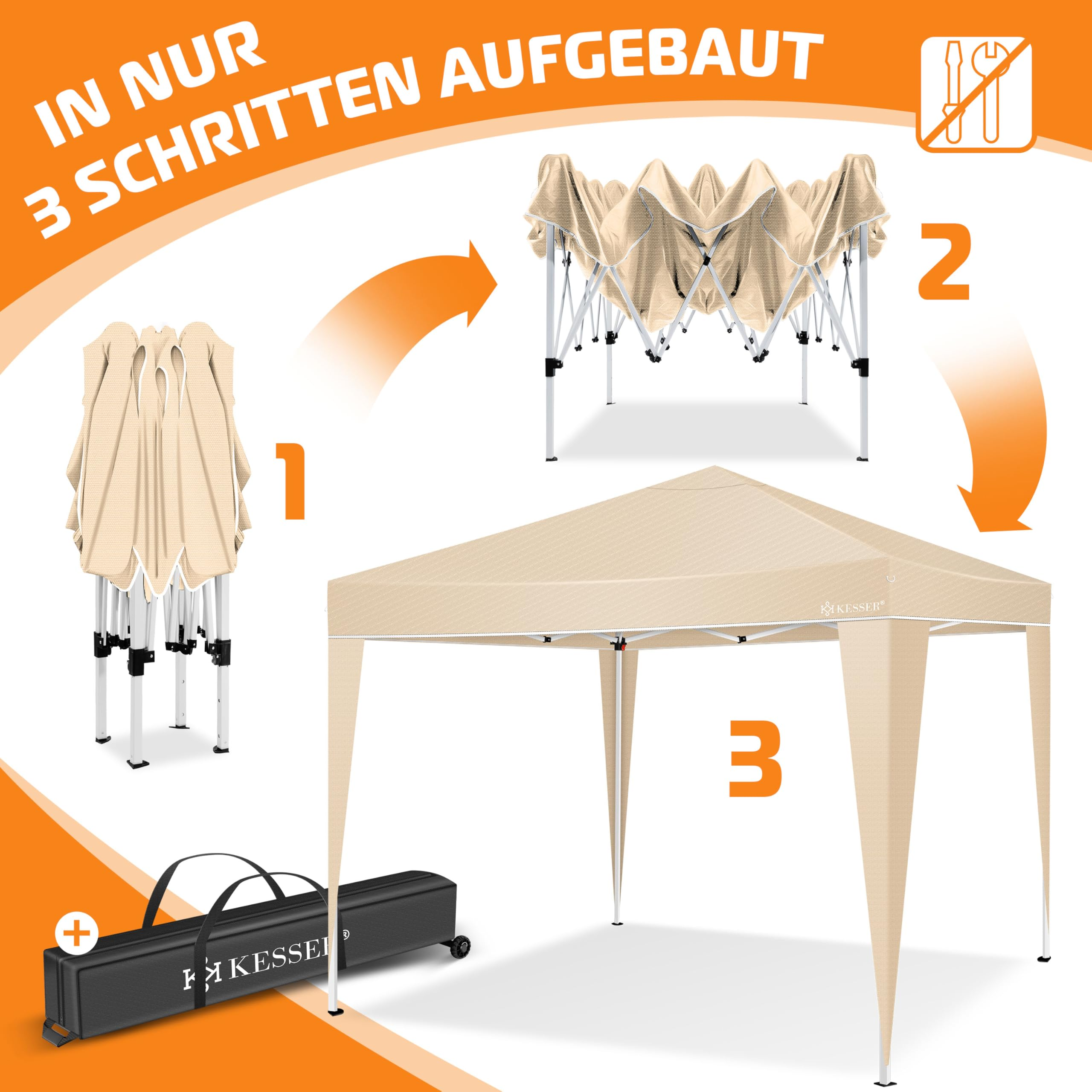 Anleitende Grafik zeigt den Aufbau eines beigen Faltpavillons in drei Schritten, inklusive Tragetasche.