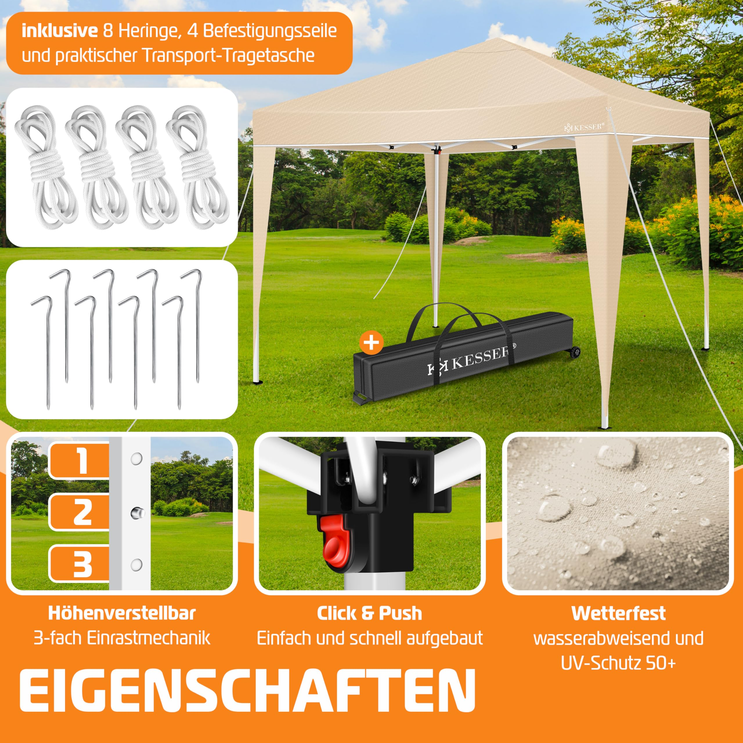 Beige Pop-up-Pavillon auf Wiese mit Zubehör wie Heringen, Seilen, Tasche, Höhenverstellung und wasserfester Plane.