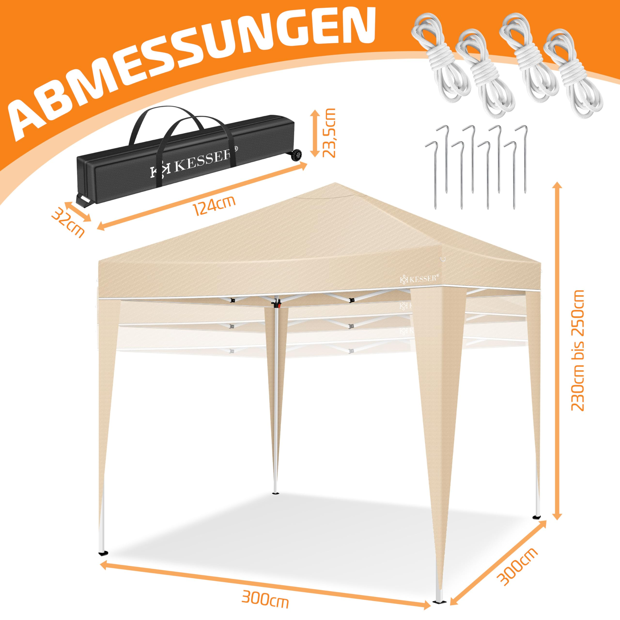 Diagramm zeigt Abmessungen eines beige Pop-up-Pavillons mit Tragetasche, Seilen und Heringen.