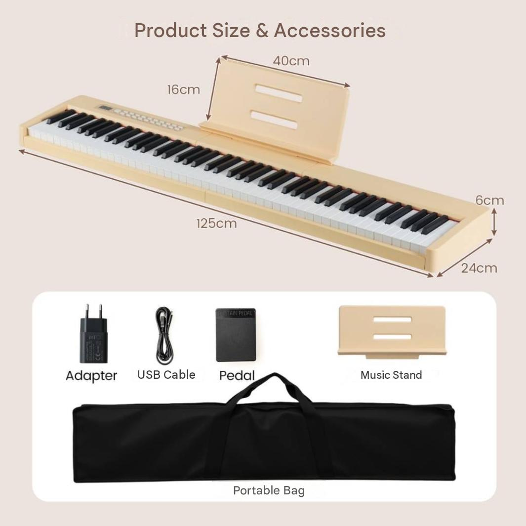Product size and accessories of a beige digital piano showing adapter, cable, pedal, music stand, and bag.