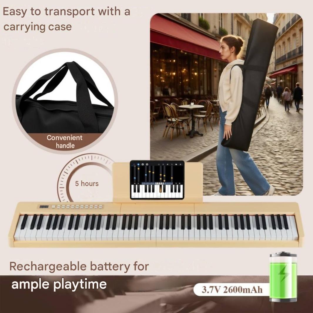 A portable electric piano with case, battery, and music stand on a street.
