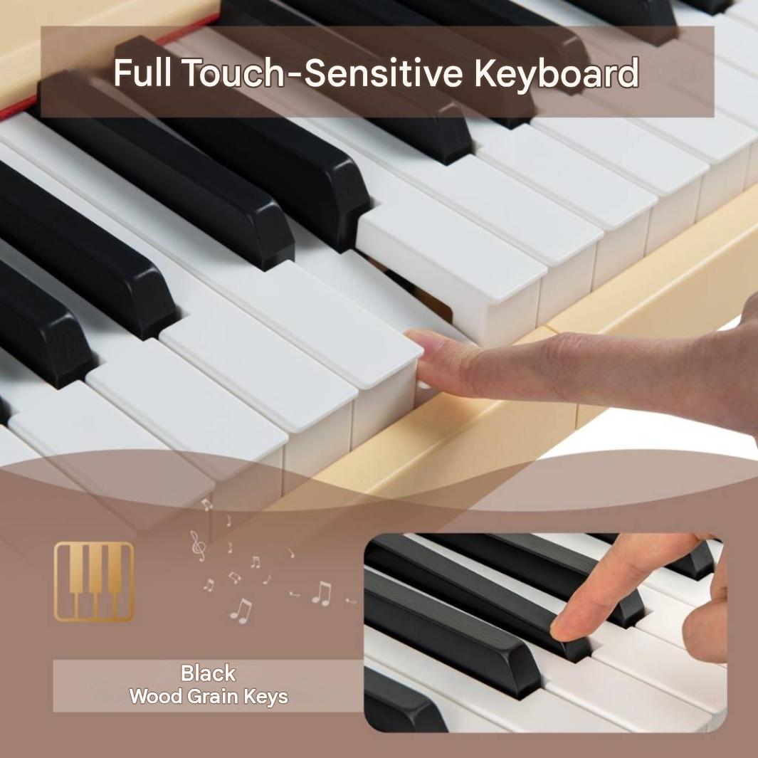 A finger pressing a white key on a piano keyboard with black wood grain keys.